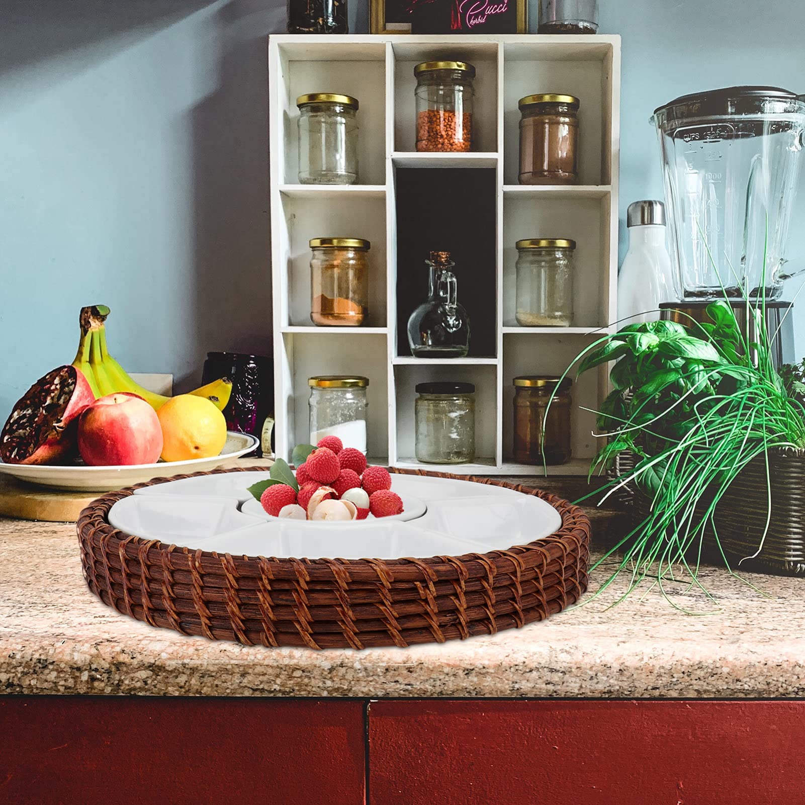 1 Set Geteilte Snack-Tablett Süßigkeits- und Nuss-Servierbehälter mit Rattan-Fach-Keramik-Fach-Vorspeise-Fach for die Hausküche Hochzeitsfeier (gemischte Farbe)