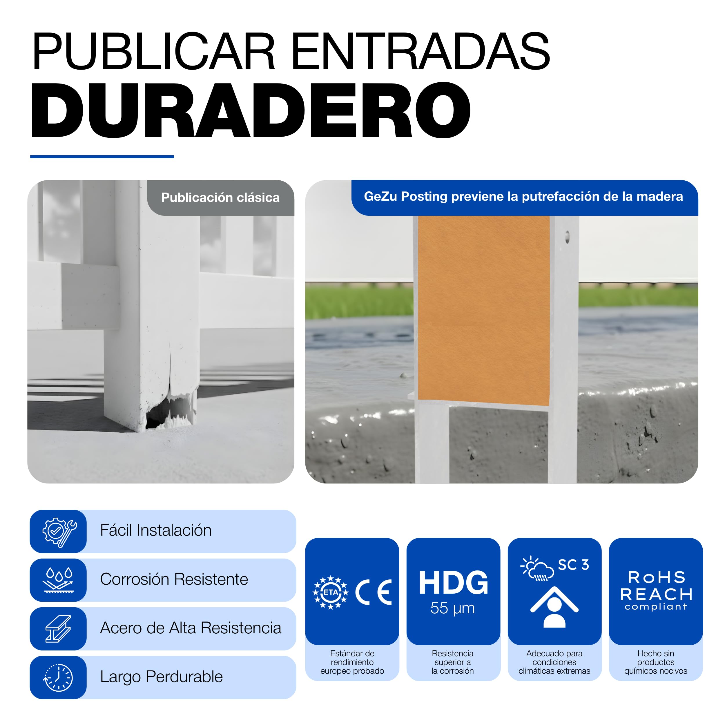 GeZu Impex Post Anchor H 71 x 400 mm Juego of 4 | Galvanizado en Caliente Anclaje Soporte para Ancla Base Elevada