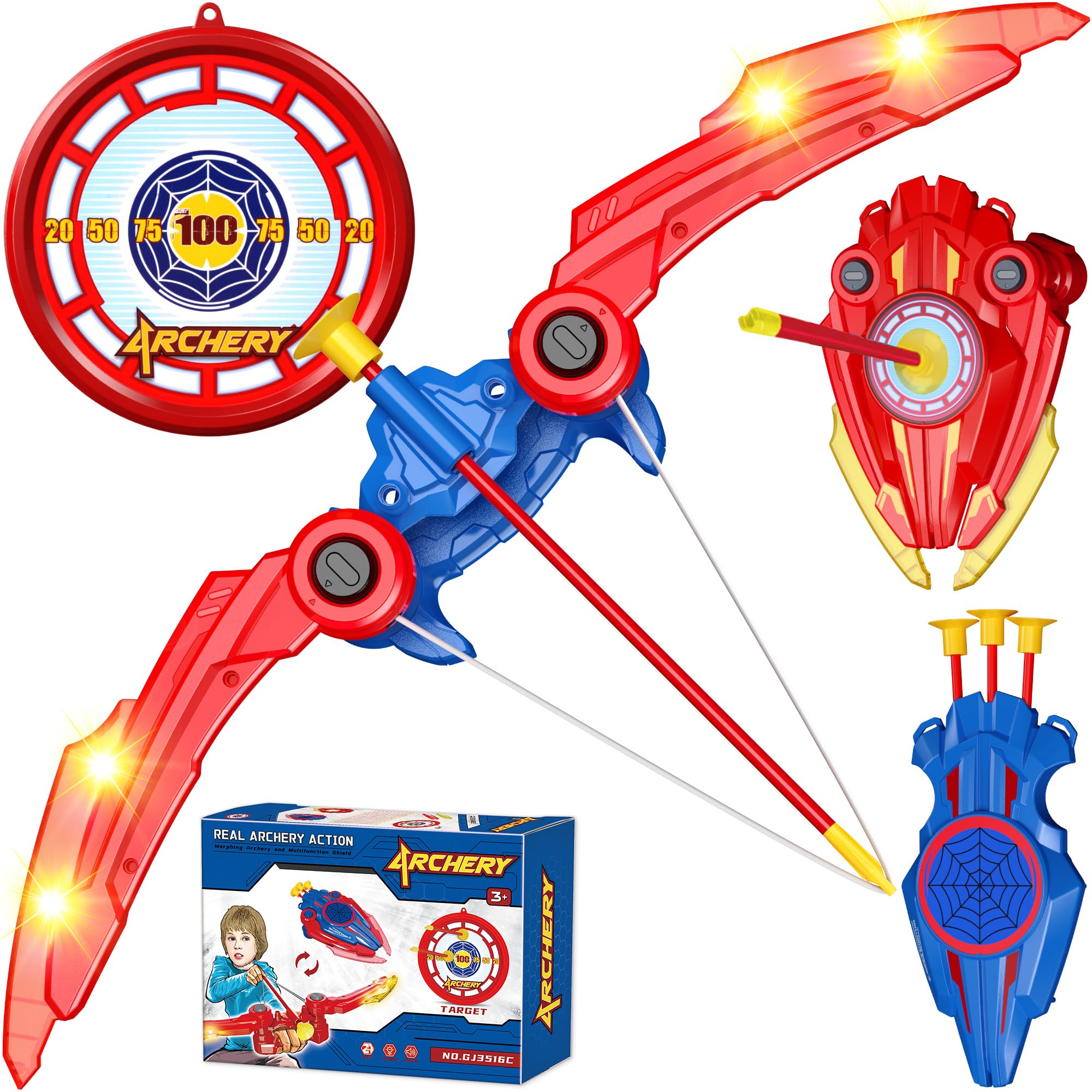 Bow and Arrow Set Kids, 3 in 1 Shield Archery Shooting Game Includes 2 PCS Bow with Lights, 10 Suction Cups Arrows, 1 Targets Play Indoor Outdoor Toys, Gift for Boys Girls Age 3+