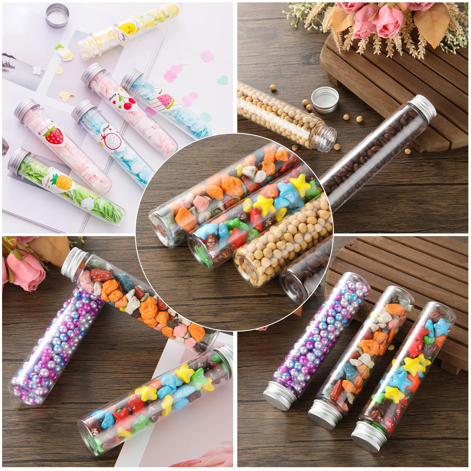 Acrux7 Tubo de ensayo de plástico plano transparente con tapones de rosca de 110 ml, tubo de ensayo transparente de fondo plano para almacenamiento de dulces de sal de baño (151 x 34 mm)