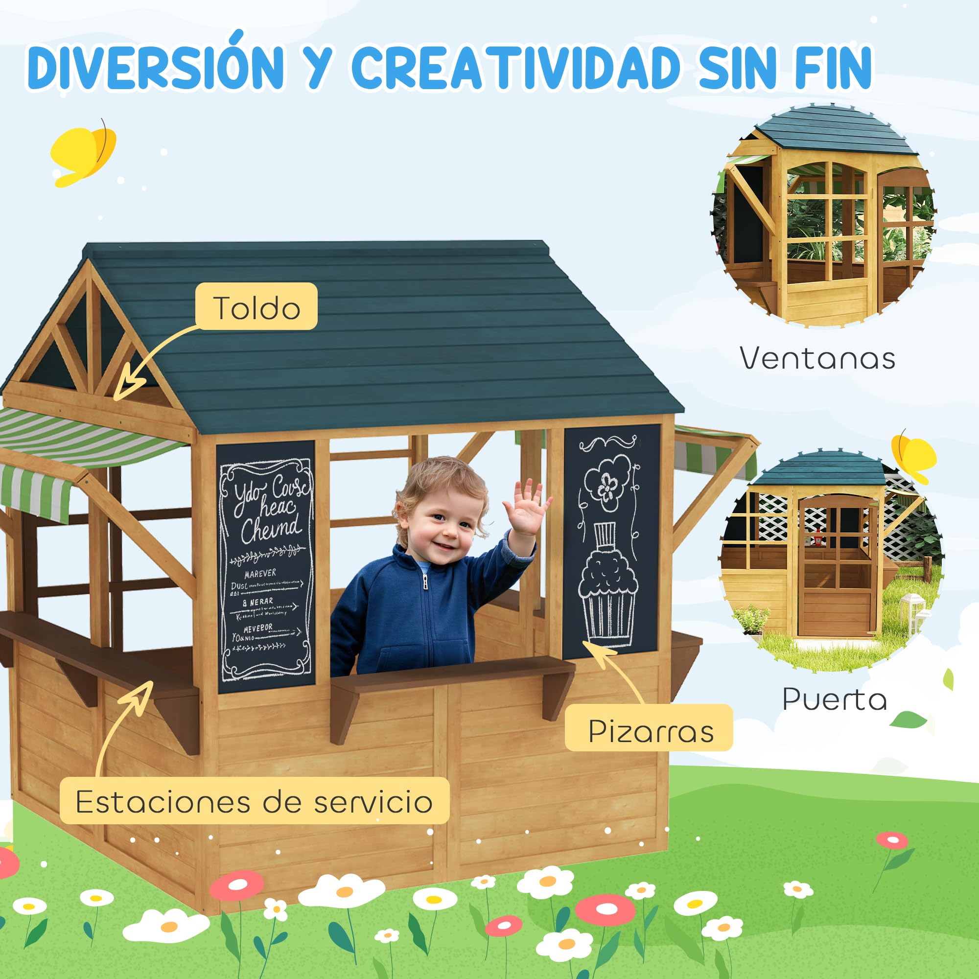 AIYAPLAY Casita Infantil Exterior Madera Plegable 2 Pizarras Ventanas Toldo Casa Jardín Juegos Niños 3 Años