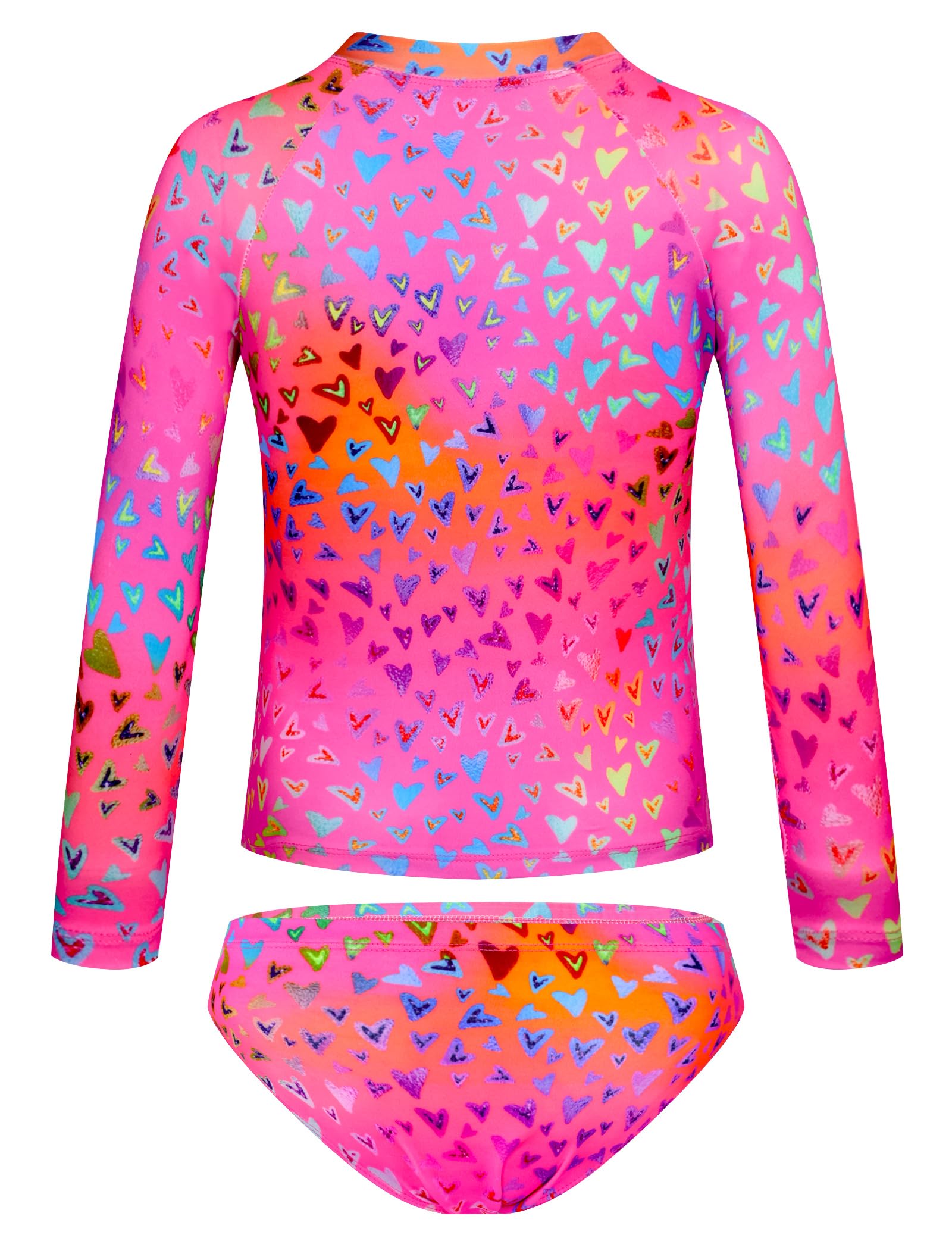 TENVDA Girls Swimsuit Size 6-7 Years Old Hotpink Hearts Print 2-Piece Long Sleeve Rash Guard Bathing Suits Swimwear