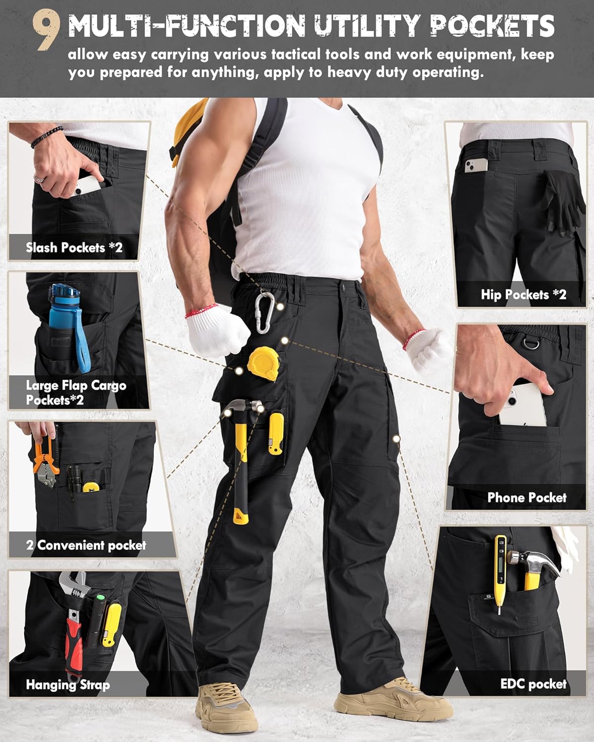 IGOLUMON Work Pants for Men Cargo Tactical Pants with 9 Pockets, Ripstop Lightweight Stretch Outdoor Hiking Pants - Image 3