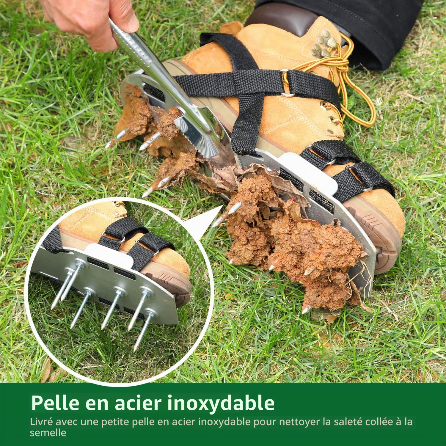 Ohuhu Sandales Aérateur Pelouse Installation Gratuite, Aérateur de pelouse avec Pelle en Acier Inoxydable, Chaussure à Gazon Chaussures à Ongles Scarificateur Gazon Chaussures pour Gazon