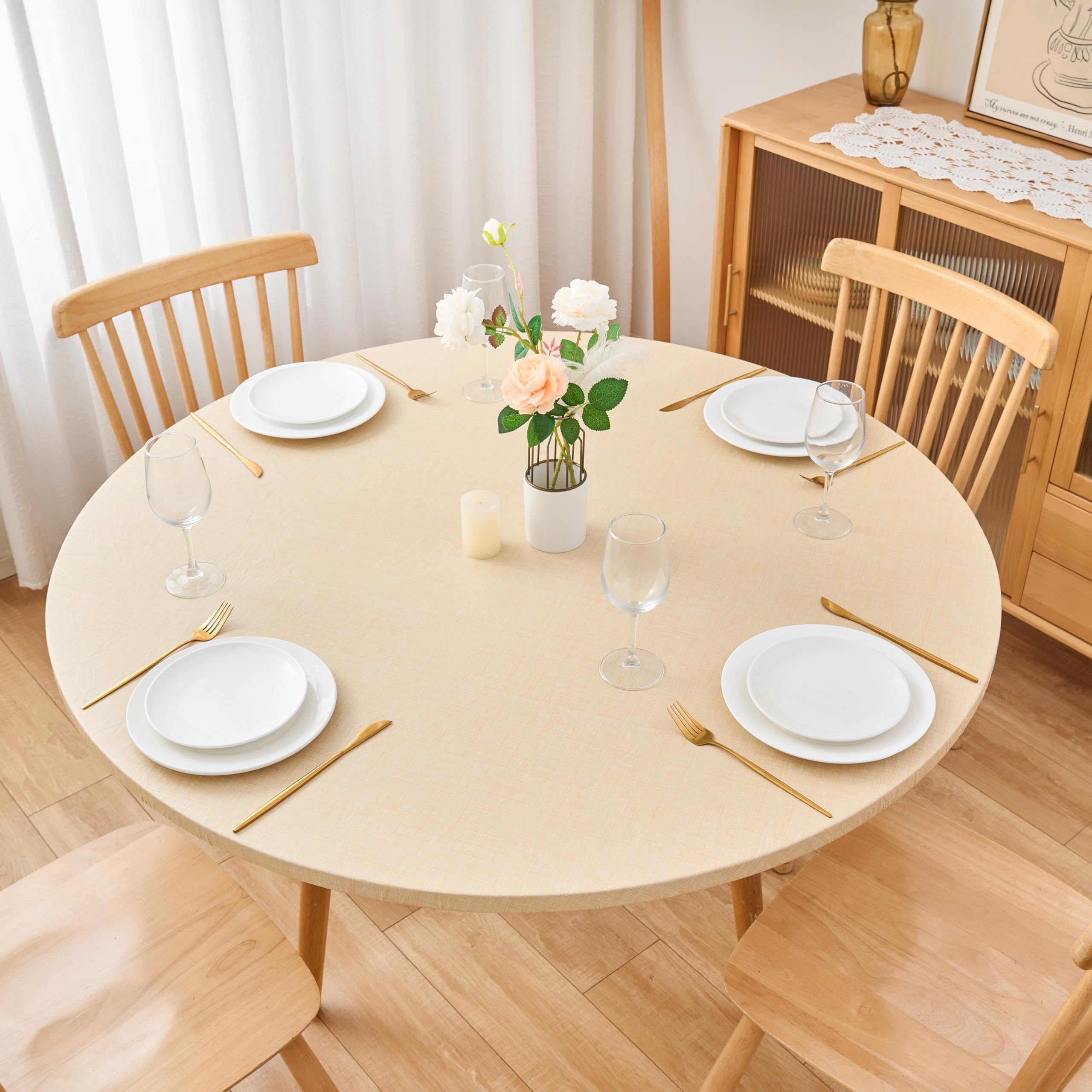 NLMUVW Round Vinyl Tablecloth with Elastic Edge Flannel Backing, Fitted PVC Table Cloth Waterproof Wipe Clean Table Cover for Picnic Party Outdoor, Natural, 40"- 44" โ image 1
