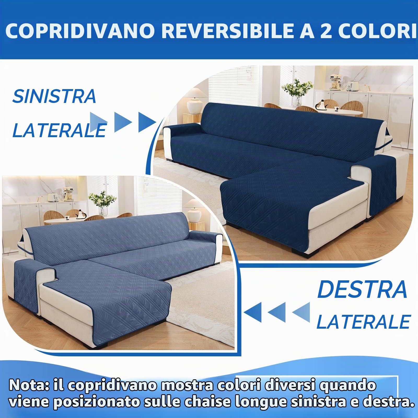 Ystyle Copridivano 3 Posti Con Braccioli, Reversibile Copri Divano Antigraffio A Sinistra Destra, Copertura Divano Trapuntato Doppio Lato, Copridivano L (255cm, Blu Berlino + Grigio Blu)