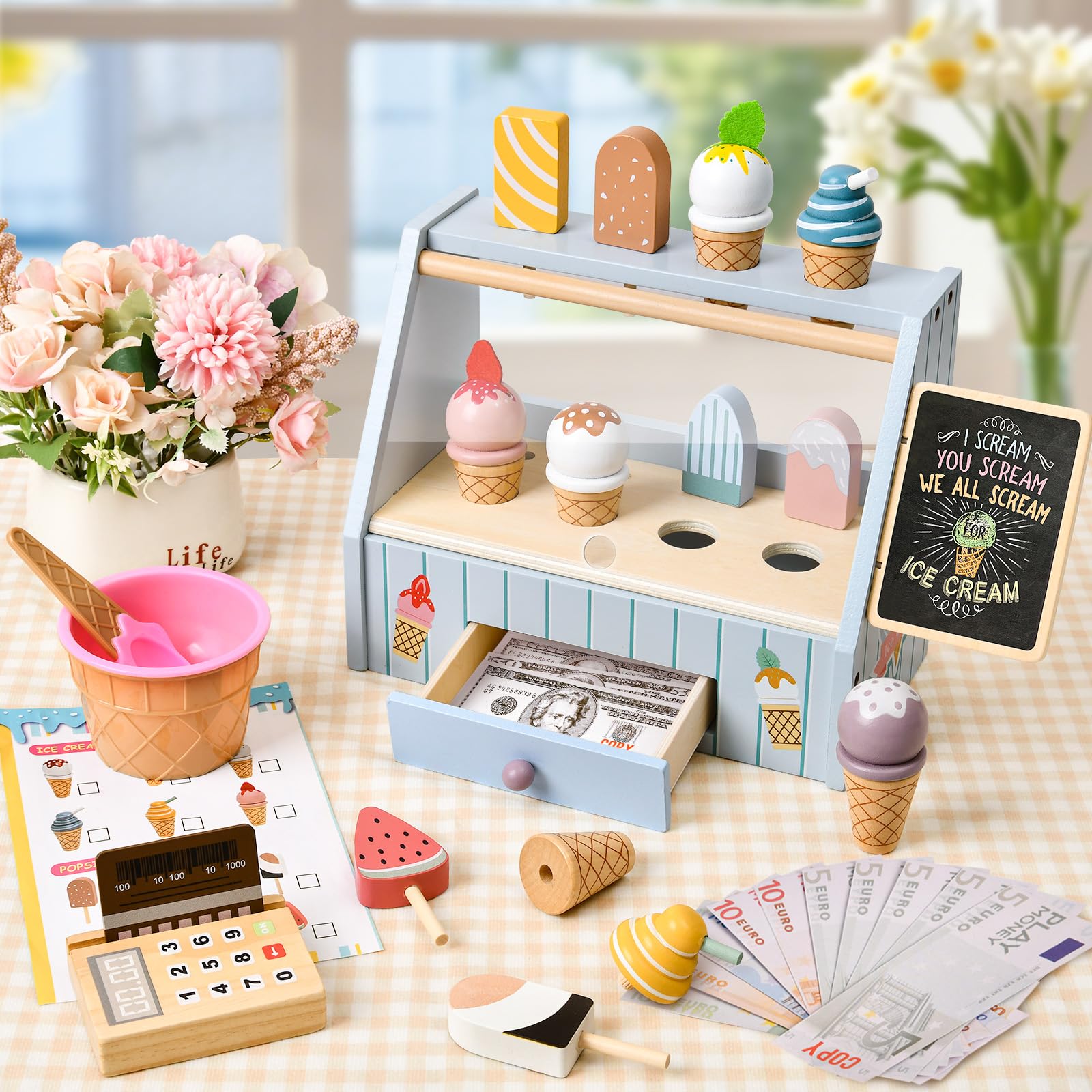 Atoylink Eisdiele Kinder Holz, kaufladen Zubehör mit Kaufmannsladen Zubehör Holz Spielgeld Einkaufsladen, Eisladen Kinder EIS Spielzeug Rollenspiel Geschenk für Mädchen Junge 3 4 5 6 Jahre (Blau)