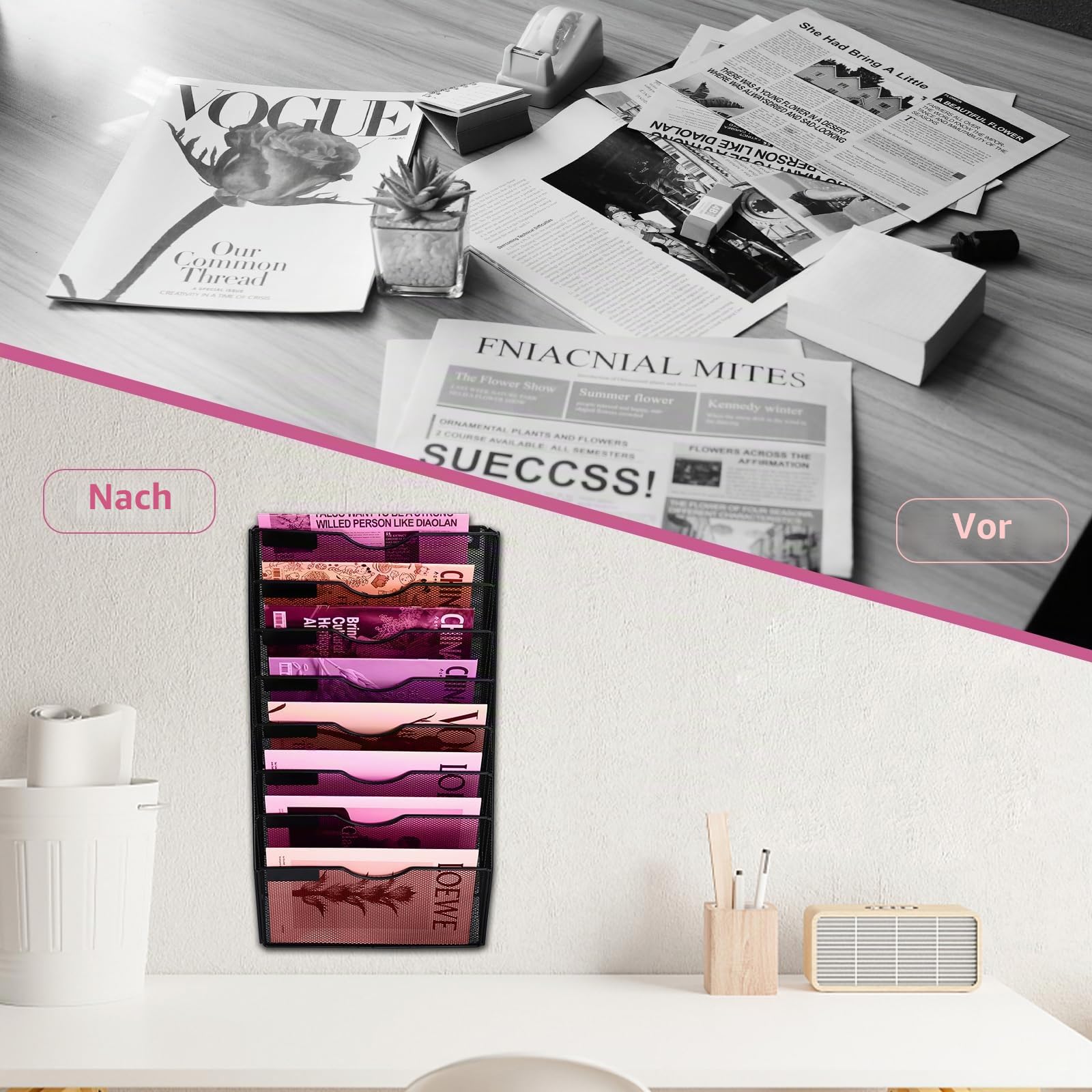 8-Fächer-Mesh-Wand-Aktenhalter Organizer Büro Hänge-Aktenordner Zeitschriften-Regal, Namensschild-Etikett-Haken-Set inklusive (Schwarz)