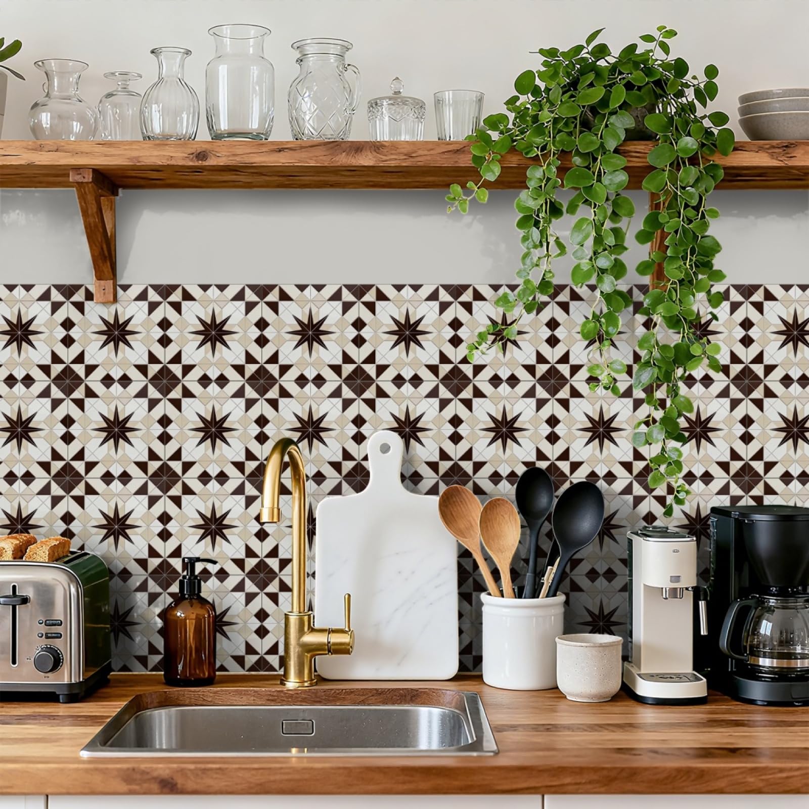 LMYSXAOZ Stick on TilesBrown Beige Geometry Self Adhesive Transfer Sticker for Bathroom Kitchen, Peel and Wall Tiles PVC Decoration 10 PC(10X10cm)