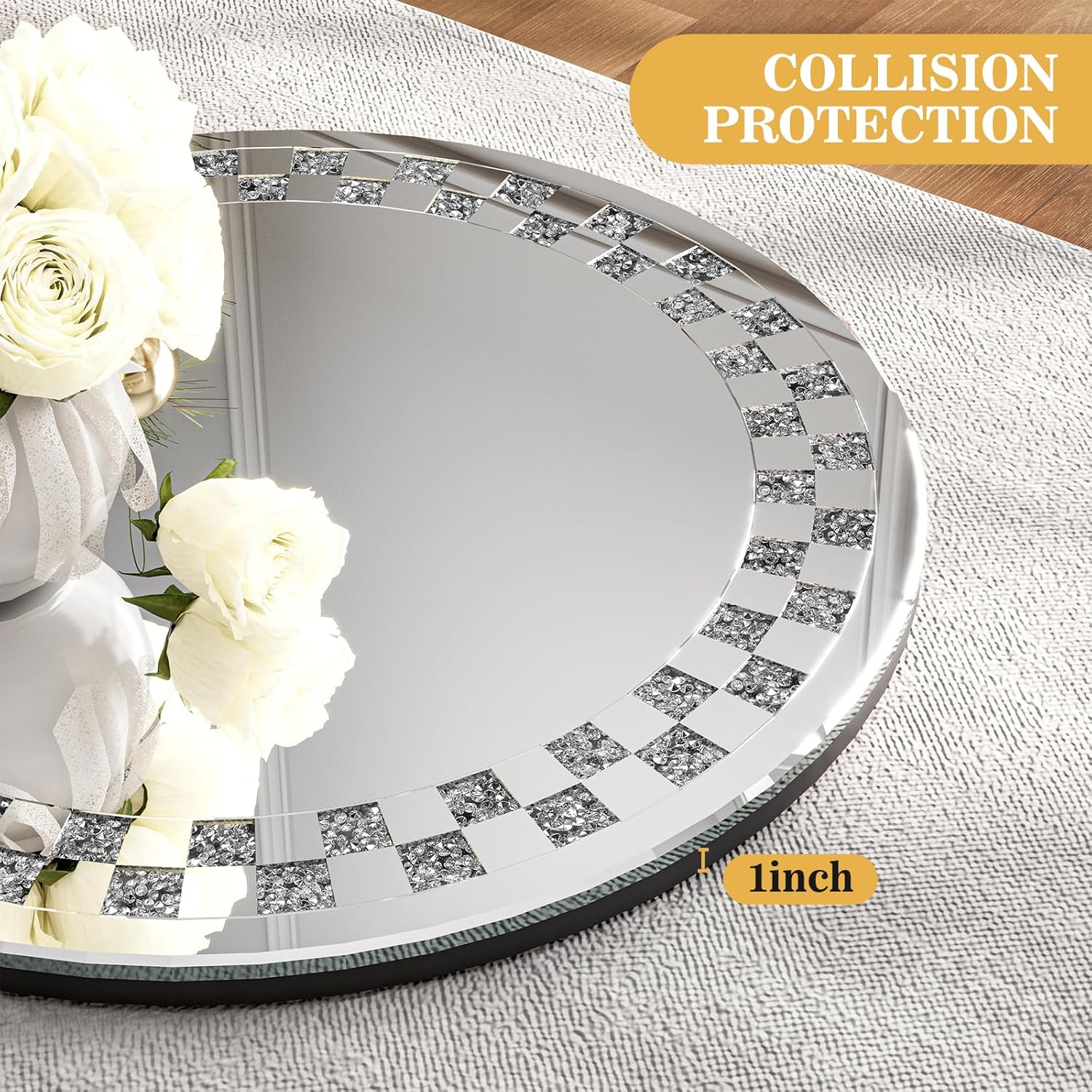 IKIFLY Set of 2 LED Mirrored Console Table with Round Decorative Wall Mirror, 47.2'' Silver Entryway Sofa Table with 27" Crushed Diamond Wall Mirror Set for Living Room, Hallway, Foyer and Entrance