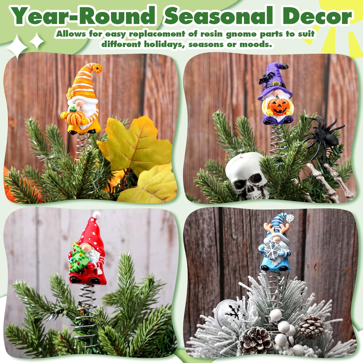 Gejoy 12 Pcs Interchangeable Gnome Mini Tree Topper Halloween Fall Seasonal Resin Gnome Ornaments Christmas Tree Toppers for Year Round Holiday Xmas Gift Party Office Home Decorations,1 Spring