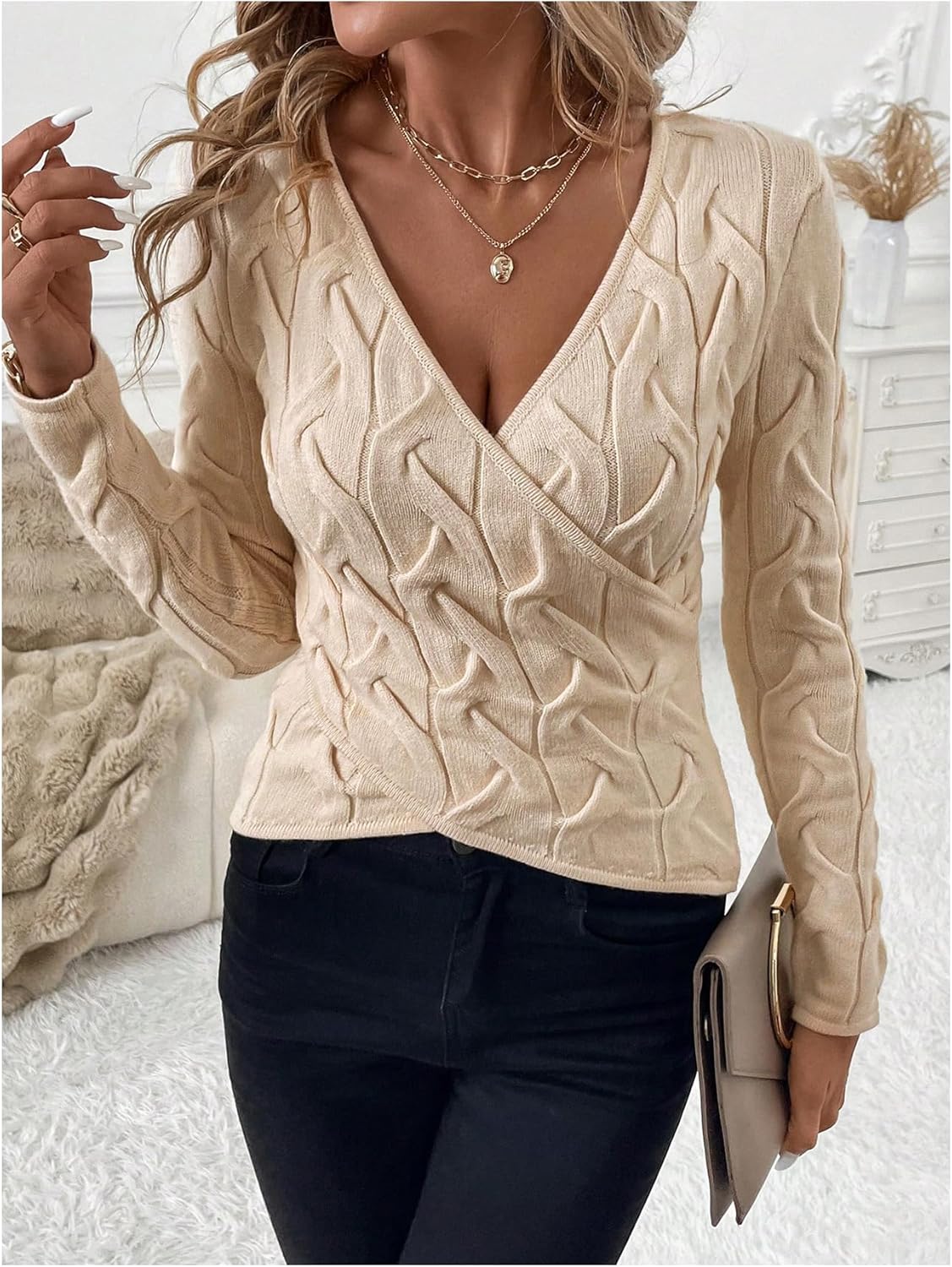 SOLY HUX Women's V Neck Sweater Long Sleeve Criss Cross Wrap Cable Knit Pullover Fall Jumper Tops