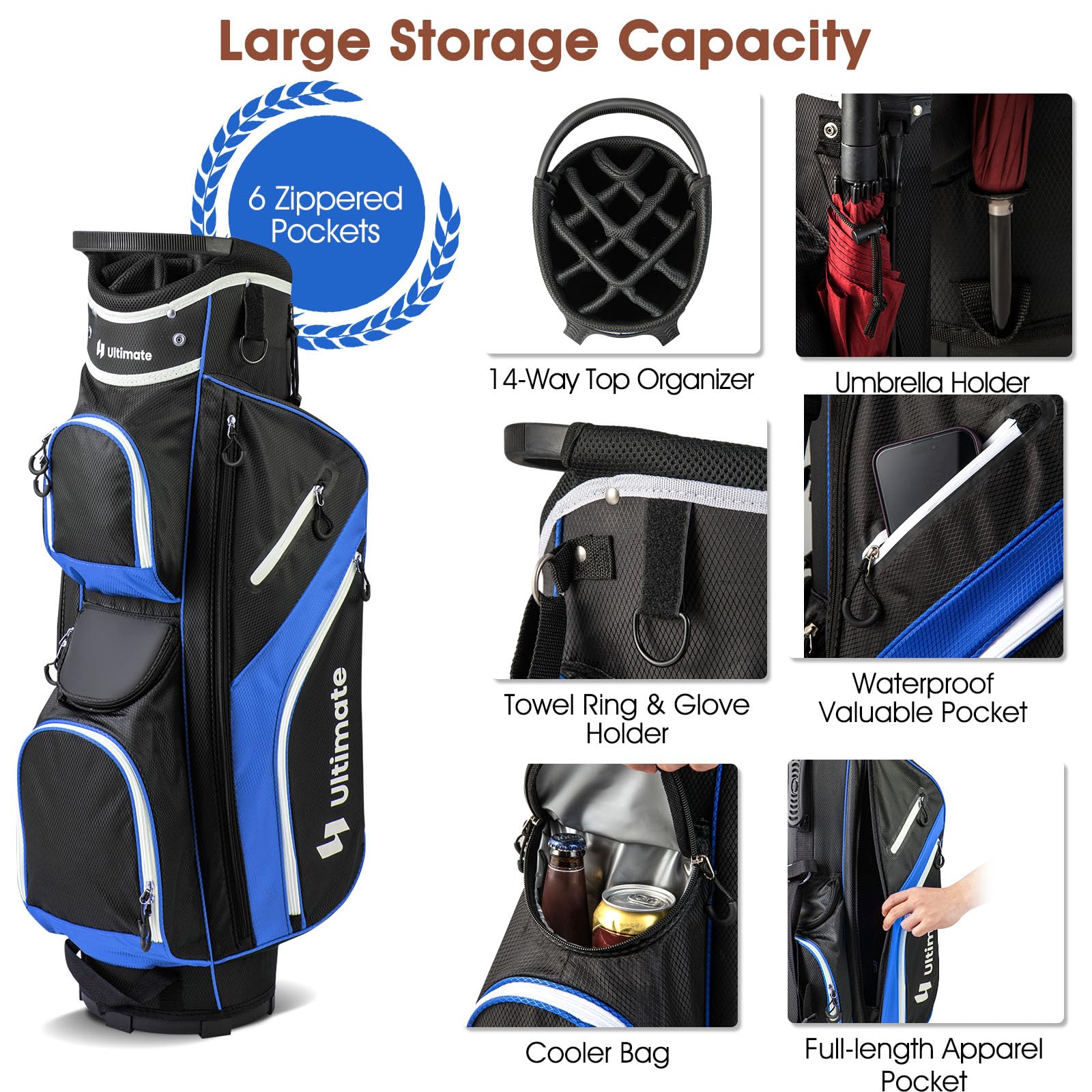 LIFEZEAL Bolsa de Golf con Soporte, Bolsa de Palos con 14 Compartimentos, Bolsa de Golf Ligera con Doble Correa para el Hombro, 6 Bolsillos con Cremallera, Funda de Lluvia, para Hombre y Mujer