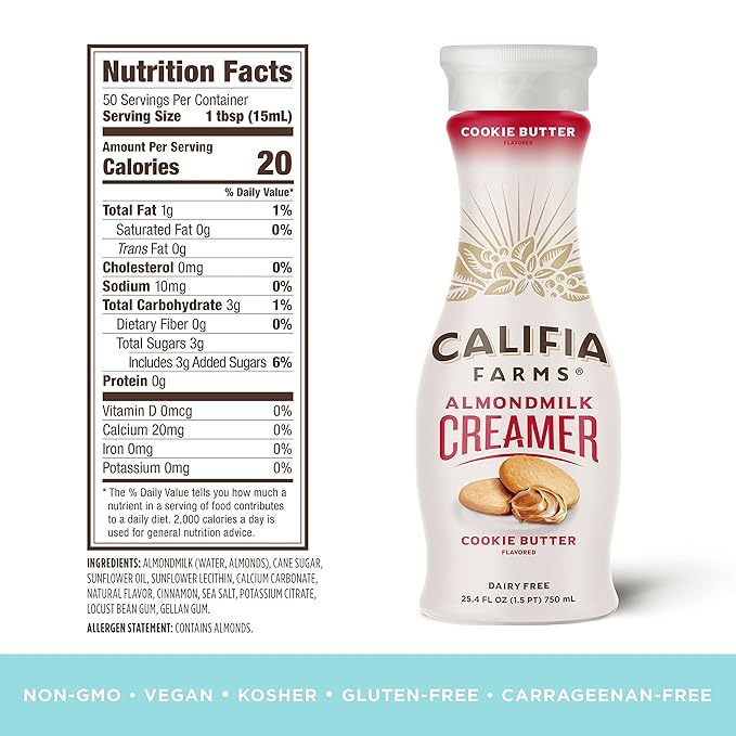 Califia Farms specializes in producing a diverse selection of dairy-free, plant-based alternatives, and their Cookie Butter Almond Milk Coffee Creamer is a standout product. Made from almond milk, this creamer offers a popular vegan option for those seeking an alternative to traditional dairy creamers. The delightful cookie butter flavor is reminiscent of the beloved dessert spread made from crushed cookies.