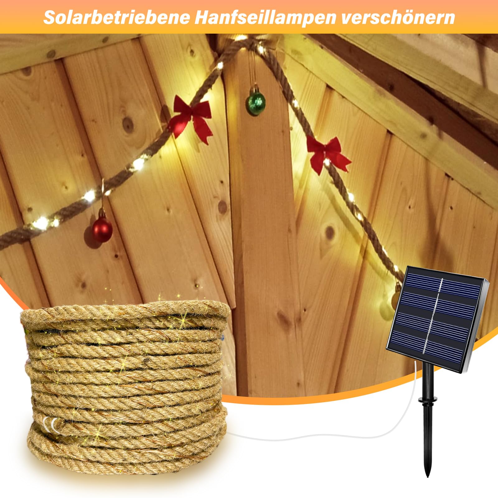 15M Solarseil Lichterkette mit 300 LEDs, Solar Hanfseil Lichterkette mit 8 Beleuchtungsmodi Wasserdicht für Gartenterrasse Balkon Schaukel Stamm Dekor