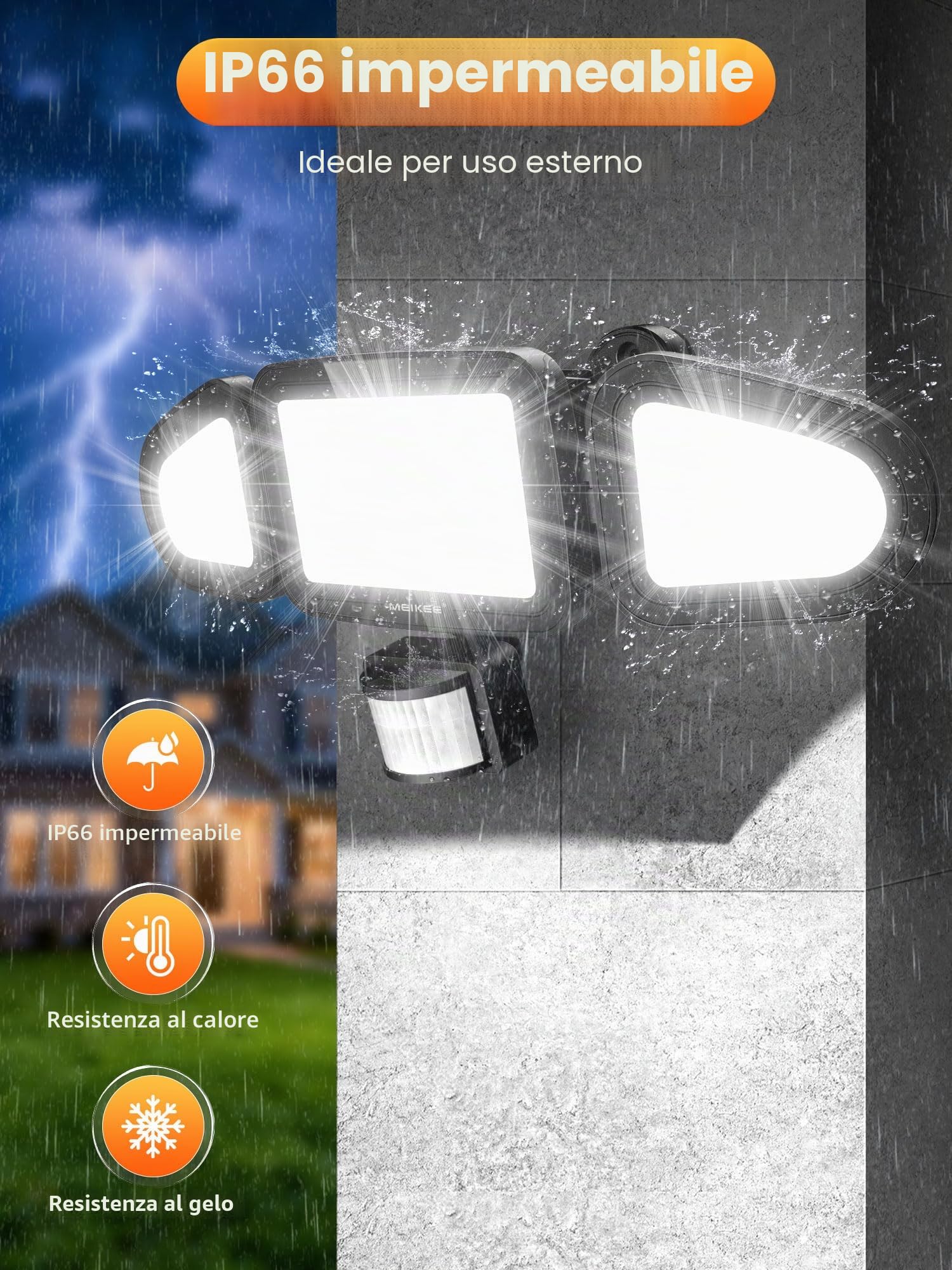 MEIKEE 42W Faretto con Sensore di Movimento 3600LM 6500K Bianca Fredda IP66 Impermeabile con Telecomando 10 Luminosità 4 Modalità 3 Timer Faro led da Esterno per Giardino Cortile Garage