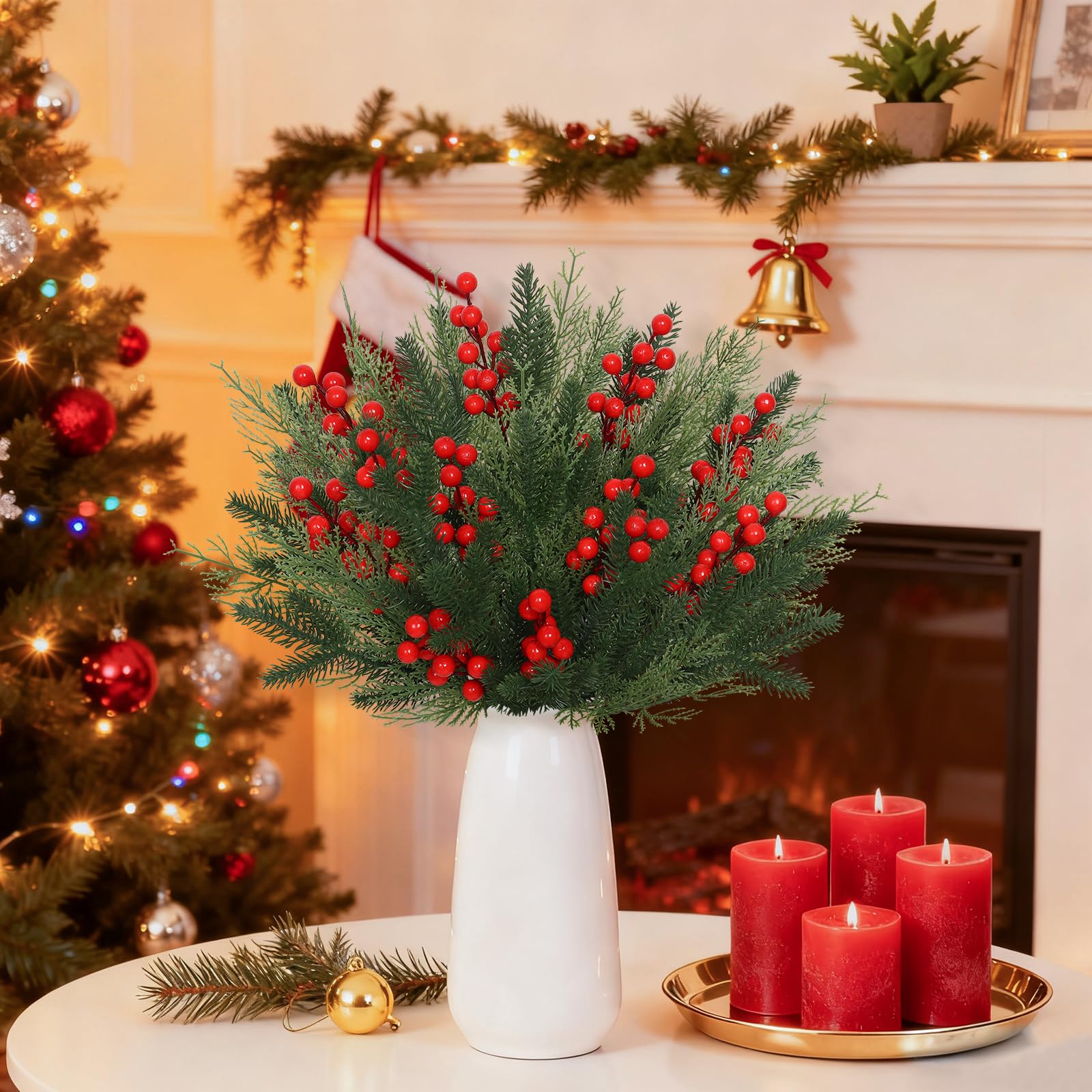 Tannenzweige Künstliche wie Echt Weihnachten, Tannengrün Künstlich Rote Beeren Weihnachten Deko, 40 Stück Kunst Tannenzweige Holly Zweige mit Beeren für Adventskranz Deko Basteln Winterdeko