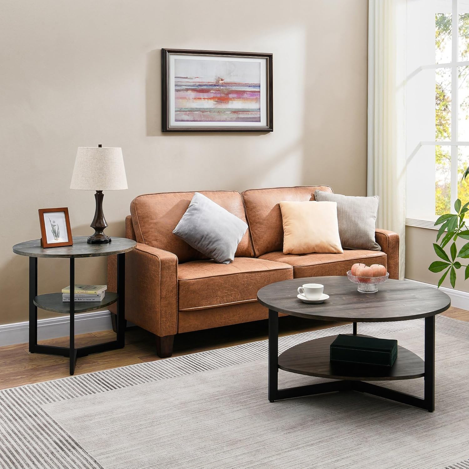 Biaco Round 35" Coffee Table for Living Room, Modern Retro Large Circle Sofa Table, Accent Desk with Oval-Triangle Storage Shelf, Brushed Black Finnish Pine Veneer Textured Top & Black Metal Legs
