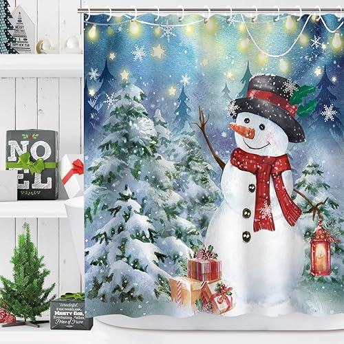 Miniatura 2 de LIVILAN Cortina de ducha de Navidad, juego de cortinas de ducha de muñeco de nieve con 12 ganchos, cortinas de ducha de nieve navideñas para baño,