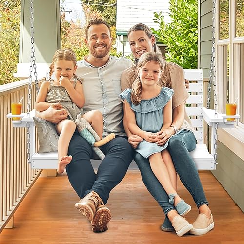 Miniatura 3 de Plawdlik Columpios de porche, silla de patio de 2 asientos con dos portavasos, banco impermeable de polietileno de alta densidad para patio, color