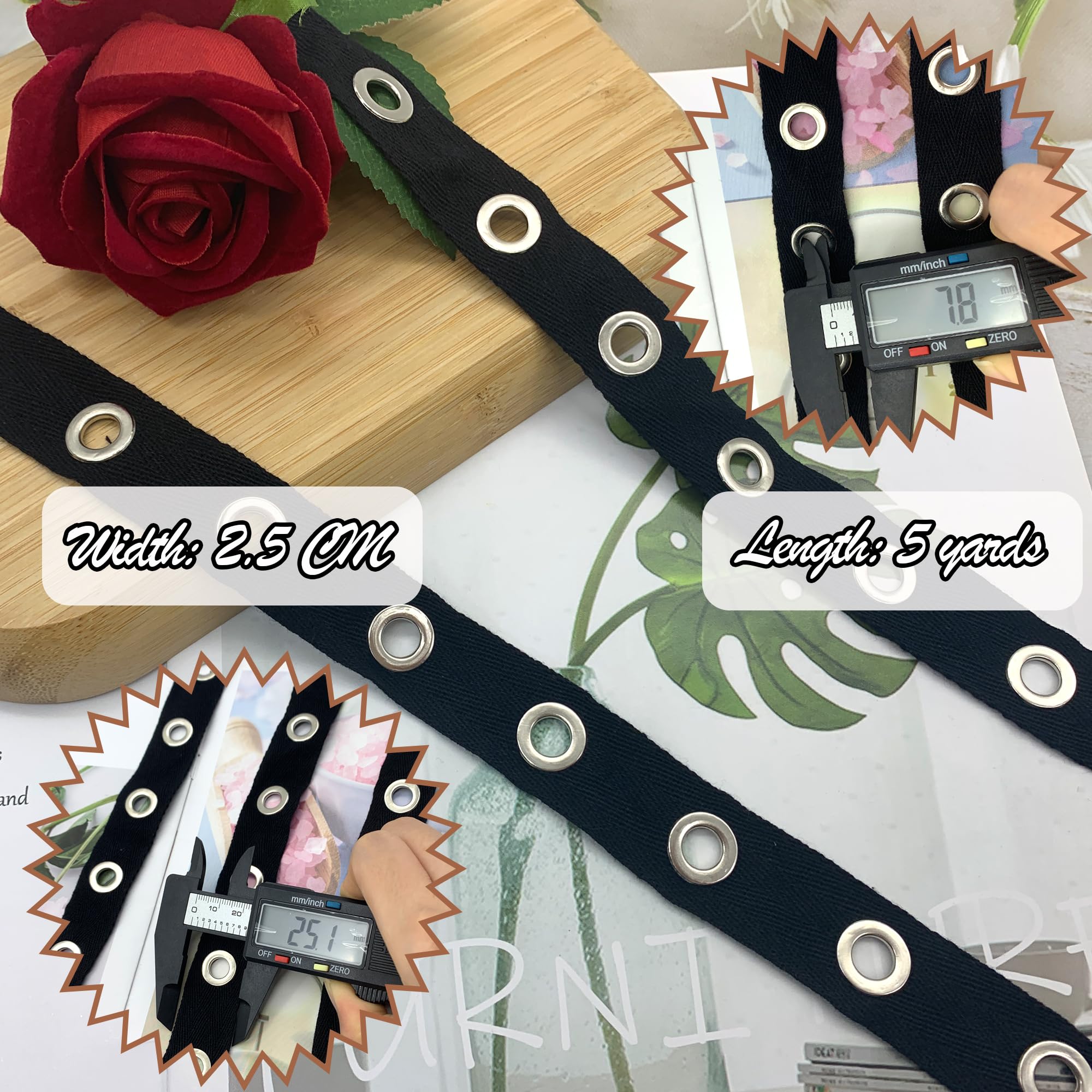 DHER Nastro occhiellato in cotone nero Cinghia Occhielli da 5 Yards con Anello Occhielli in Metallo Argento, Cinghia Bordo in Twill Larga 2,5 cm per Cucire Corsetto, Camicia, Giacca (nero