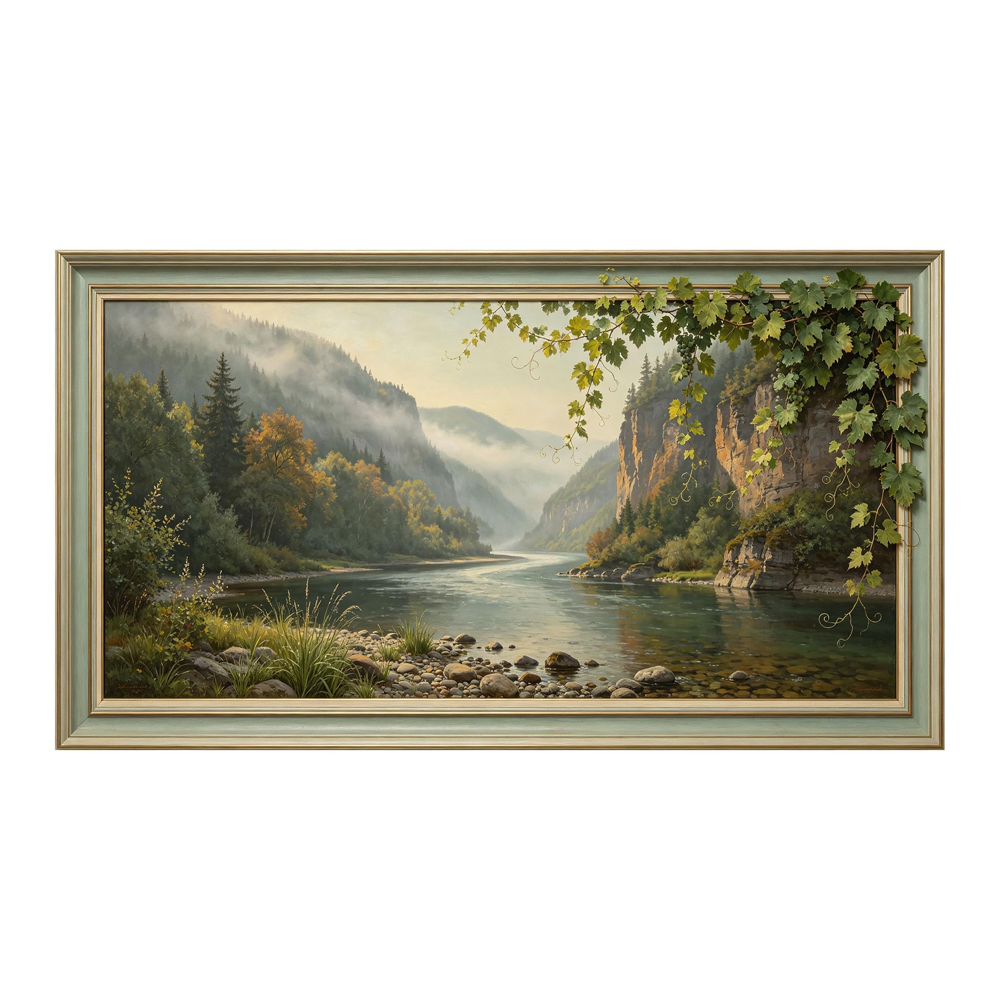 Yzpallescene 3D Framed Wall Art 50cm×100cm Misty Mountain River Valley Panoramic Oil Painting Large Size SelfAdhesive Removable Wall Decor Prints Artwork for Living Room Bedroom Office