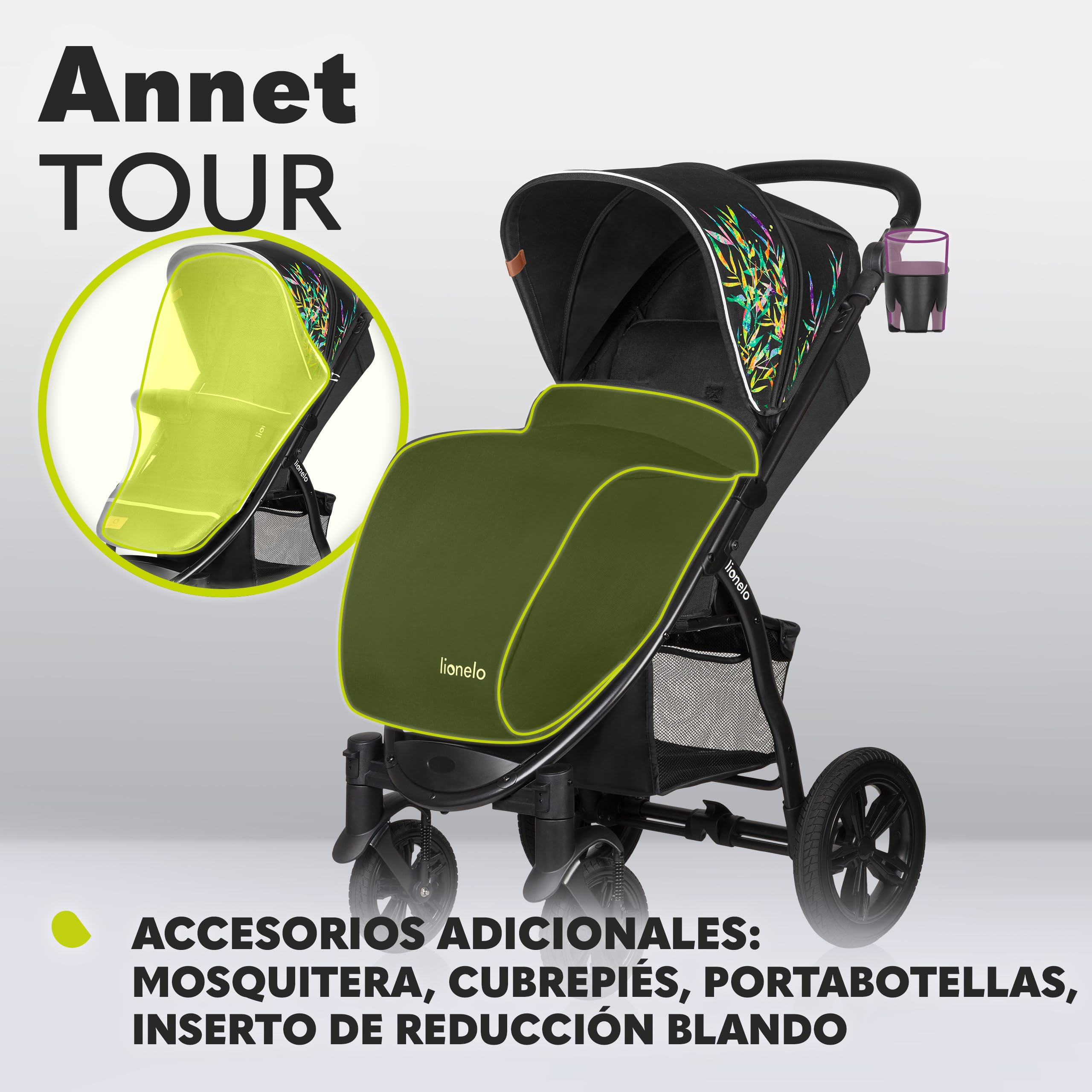 LIONELO Annet Tour Silla de paseo, bebe carro, hasta 22 kg, ajuste del respaldo a la posición tumbada, ruedas sin mantenimiento, capota impermeable XXL, cinturones de 5 puntos (dreamin)