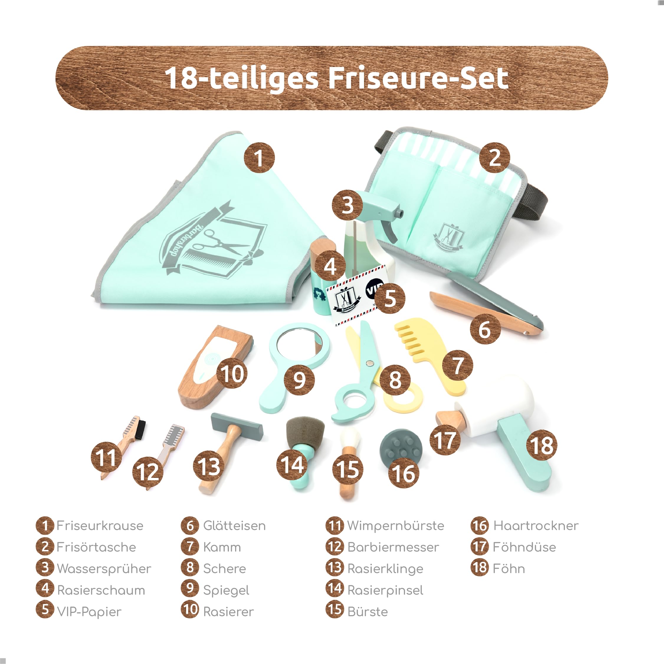 UMU® Kinder Holz Friseur Spielset mit Tasche für Friseurwerkzeuge inkl. Friseurumhang, Schere, Haarglätter, Spiegel u. v. m., 18 Stk Set, Spielzeug zum Rollenspiel, Frisierkoffer für 3, 4, 5 Jahre alt