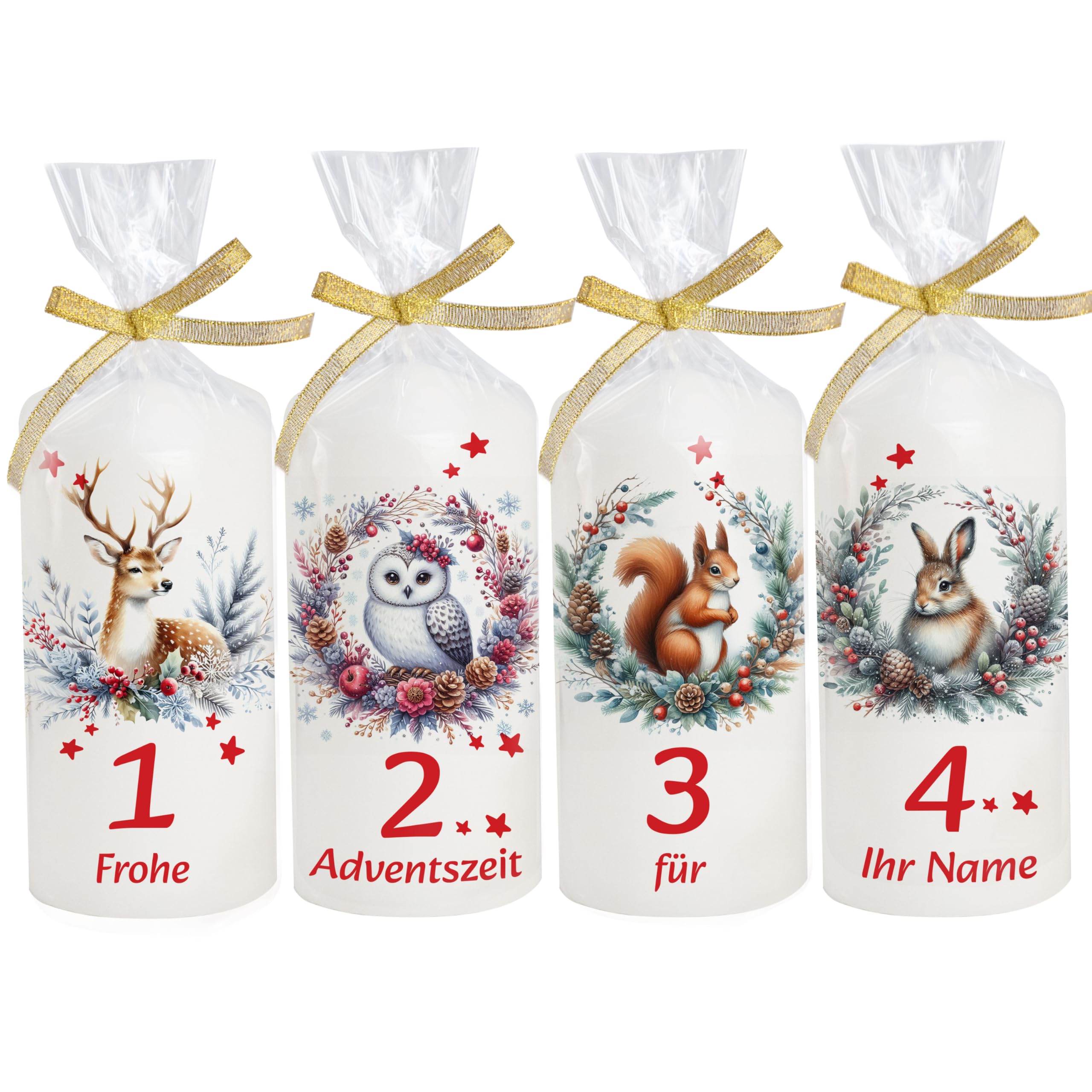Kerze Adventskerze individuell mit Name und Spruch als Tischdeko. Tischdekoration Adventskerze als Geschenk. Liebevolle Kerze 4er Tiere Kranz Hase Hirsch Eule Brenndauer: 35 Stunden, Ø6,8 x Höhe 15 cm