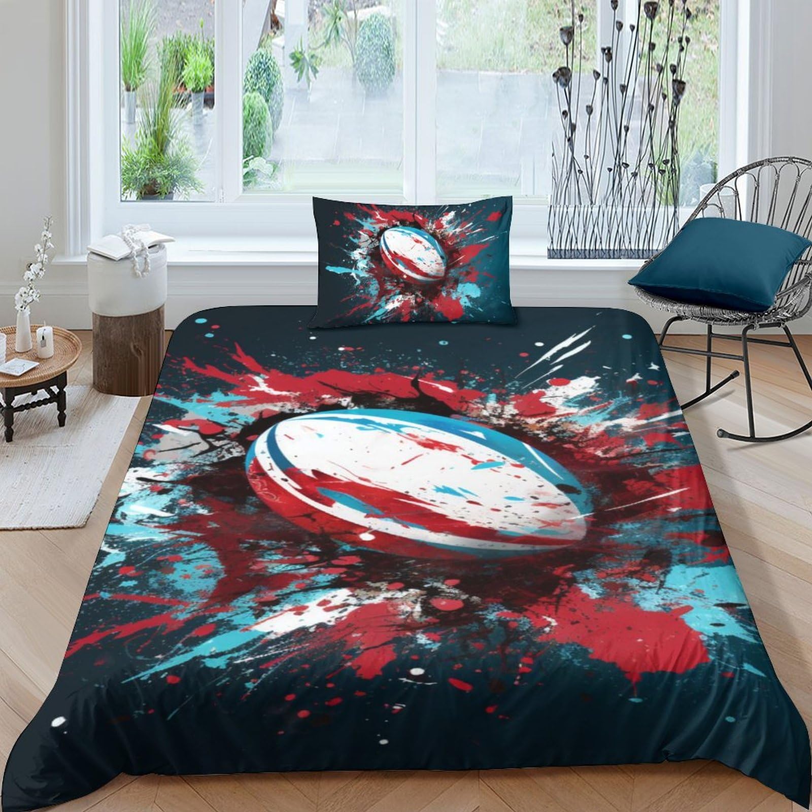 AAIRRA Rugby Comforter Covers Duvet Cover 3D Printed Graffiti Rugby for Boys Girls Quilt Cover with Pillow Cases Soft Microfiber with Zipper Closure Bedding Set 2 Pieces Single（135x200cm）