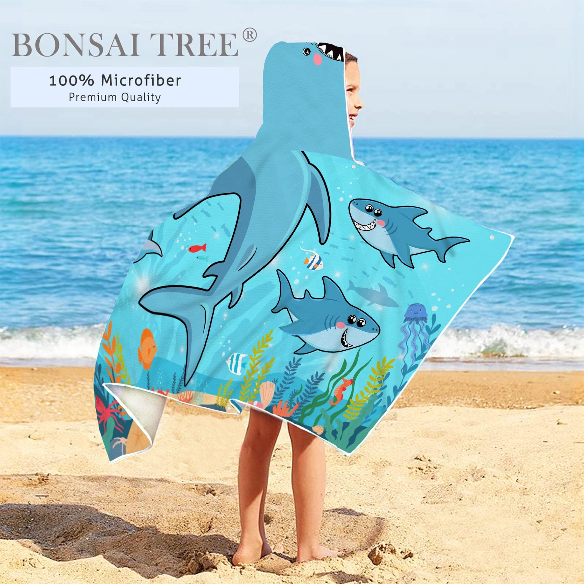 Bonsai Tree Toalla de playa con capucha de tiburón para niños, toalla de baño con capucha para niños, divertidos animales marinos de microfibra, súper absorbente, suave, poncho para piscina de cerdos