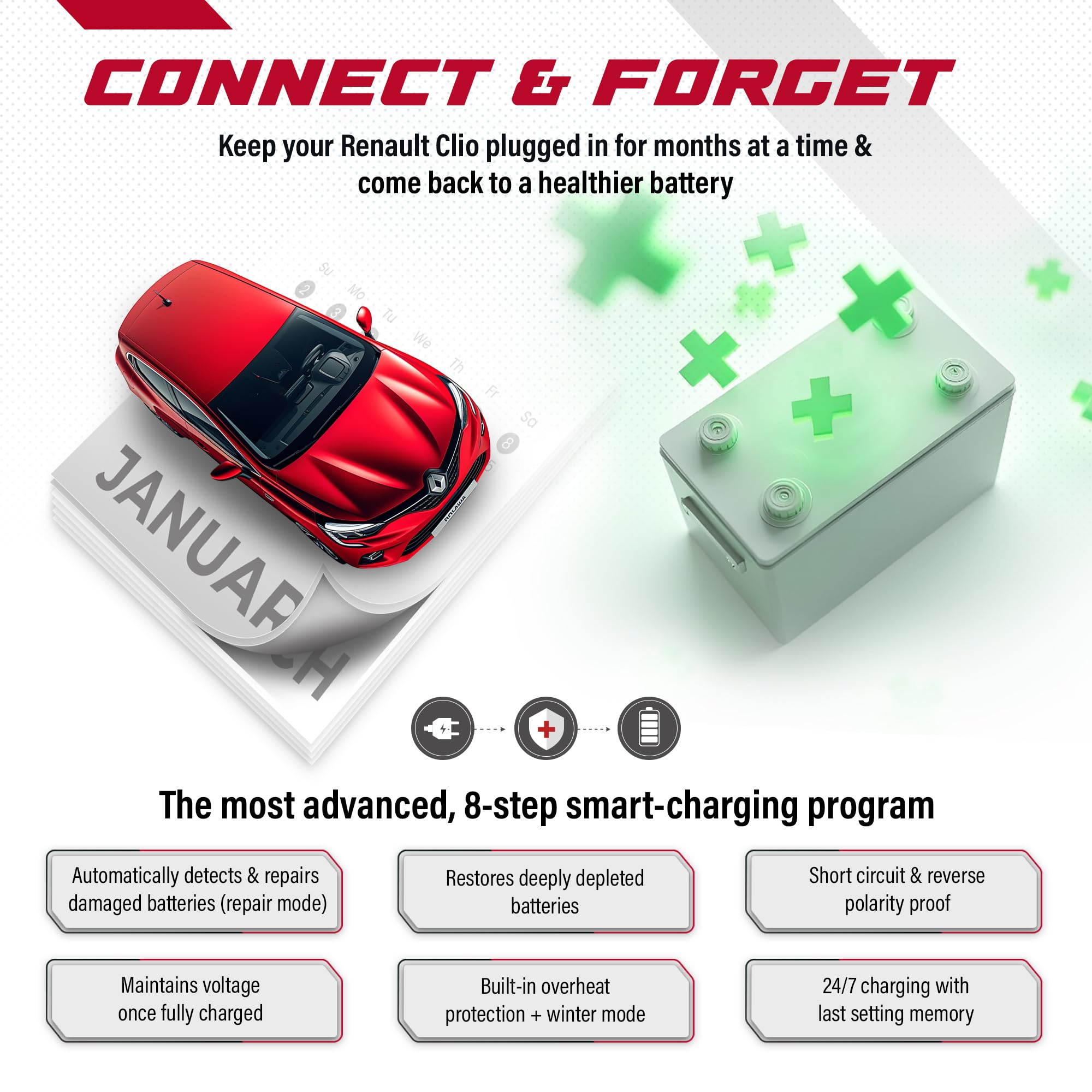 JMR Battery Charger for Renault Espace Talisman Koleos Megane Kadjar Scenic Captur Twingo Climber Kardian Mégane All Models Trickle Charger Conditioner Maintainer (Add Lithium Mode)