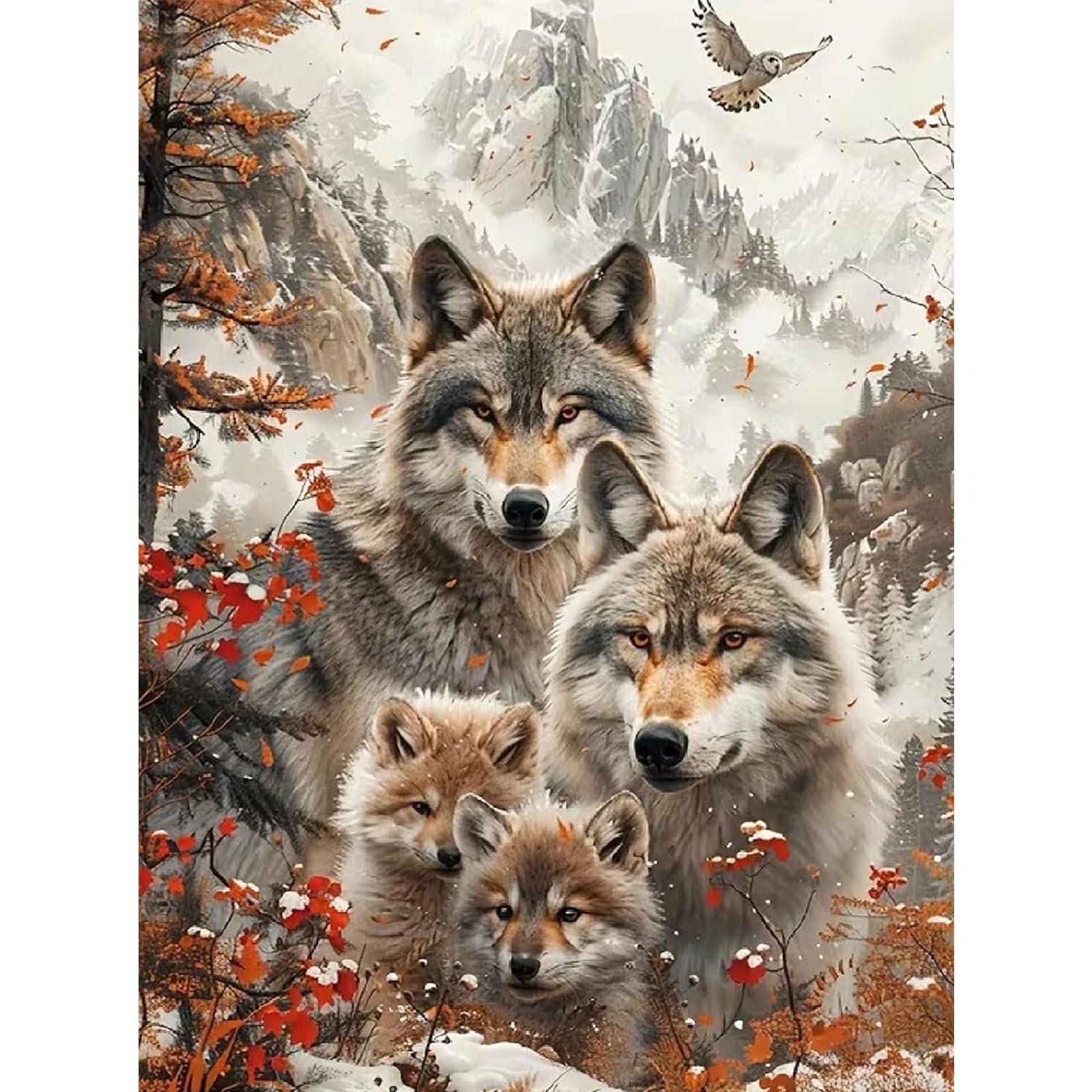RICUVED Three Wolves Diamond Painting, 5D Animals Diamond Art Painting Kits for Adults Round Full Drill Diamond Painting Picture Crystal Art Kits for Home Decor 30x40cm