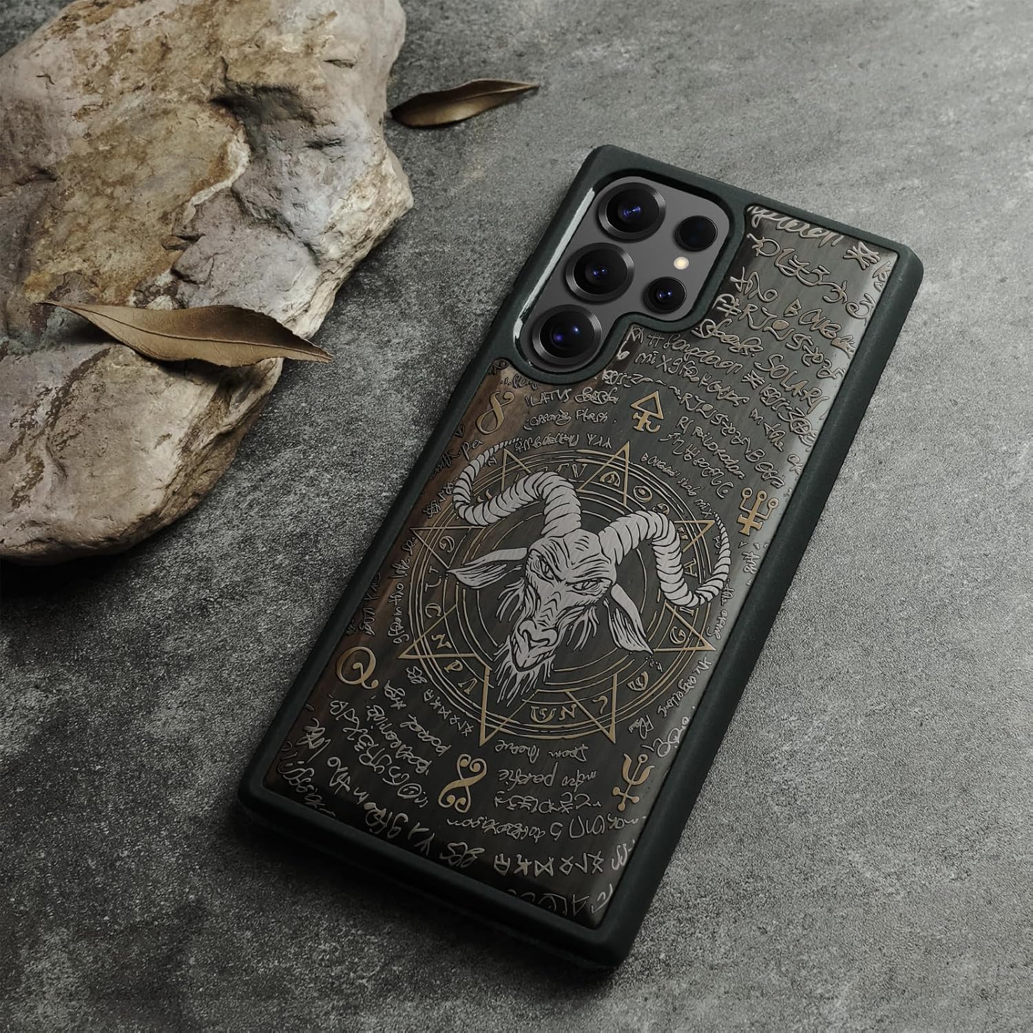 Magnetic for Samsung Galaxy S25 Ultra Case Compatible with MagSafe Wireless Charging, Natural Wood Cover & Shockproof TPU Phone Case, Dark Wood Hand-Drawn - Baphomet Seal