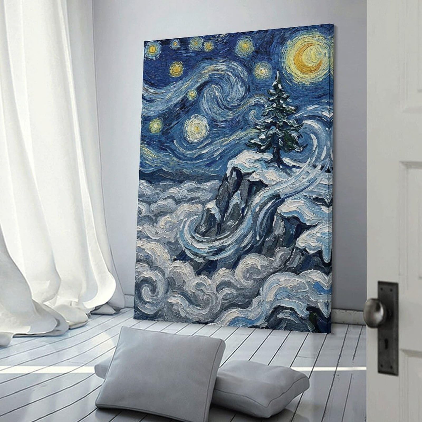 Junmoney Starry Night Winter Landscape Painting Room Decor Wall Art, 20x30inch(50x75cm), for Hallway, Lounge Or Guest Room, Gift Idea for Housewarming And Birthdays