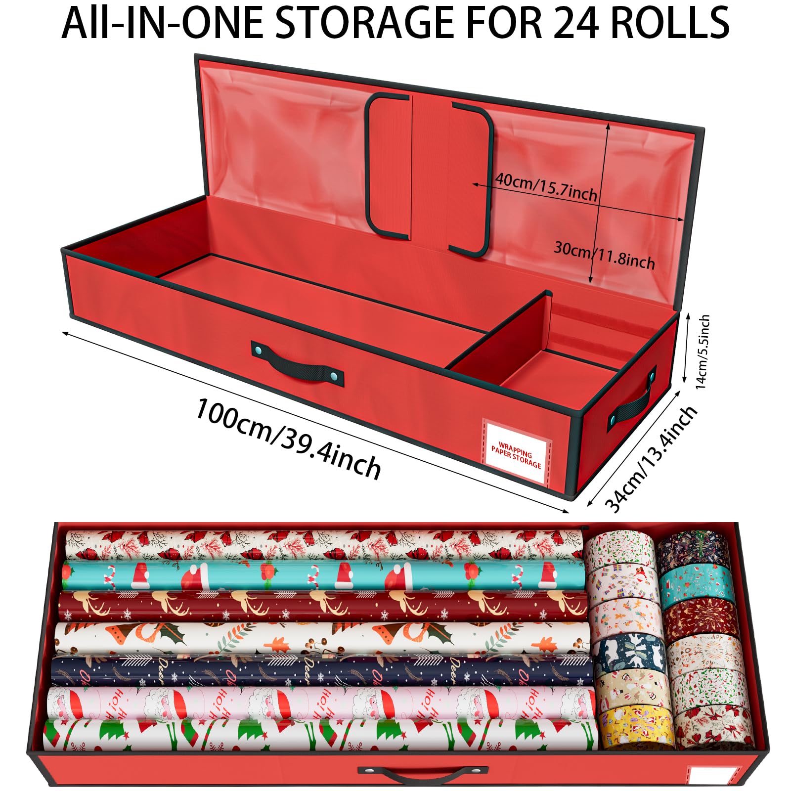 KYEVIS Borsa per carta da regalo natalizia con tasche multiple, adatta per 24 rotoli, scatola organizer per decorazioni natalizie per fiocchi, etichette, forbici e nastri (rosso)