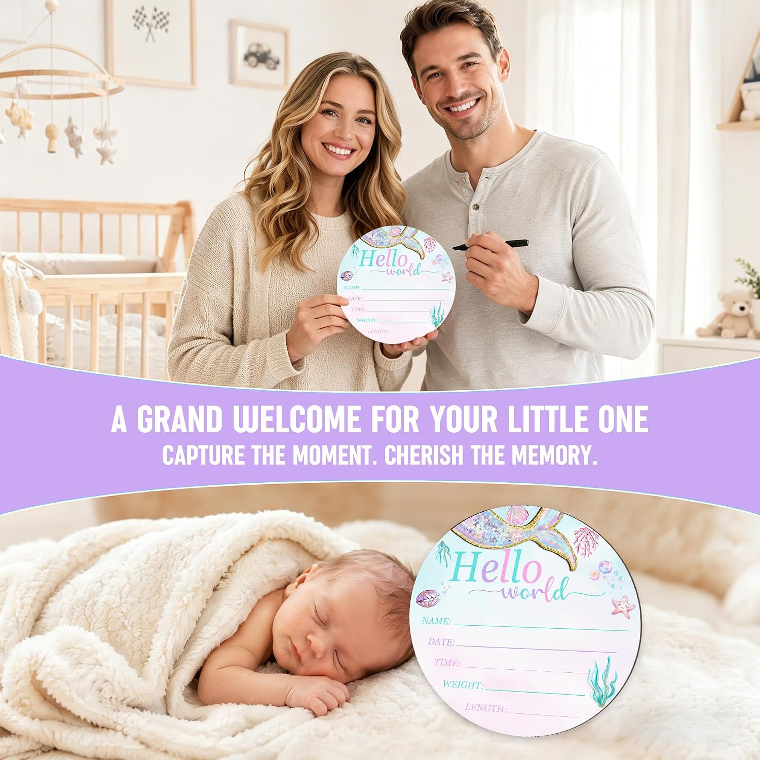 3D Mermaid Hello World Newborn Sign for Hospital, Mermaid Baby Announcement Sign for New Baby Boy Girl, Welcome Babies Birth Wooden Signs for Nursery, Neutral Newborn Photography Props-A07