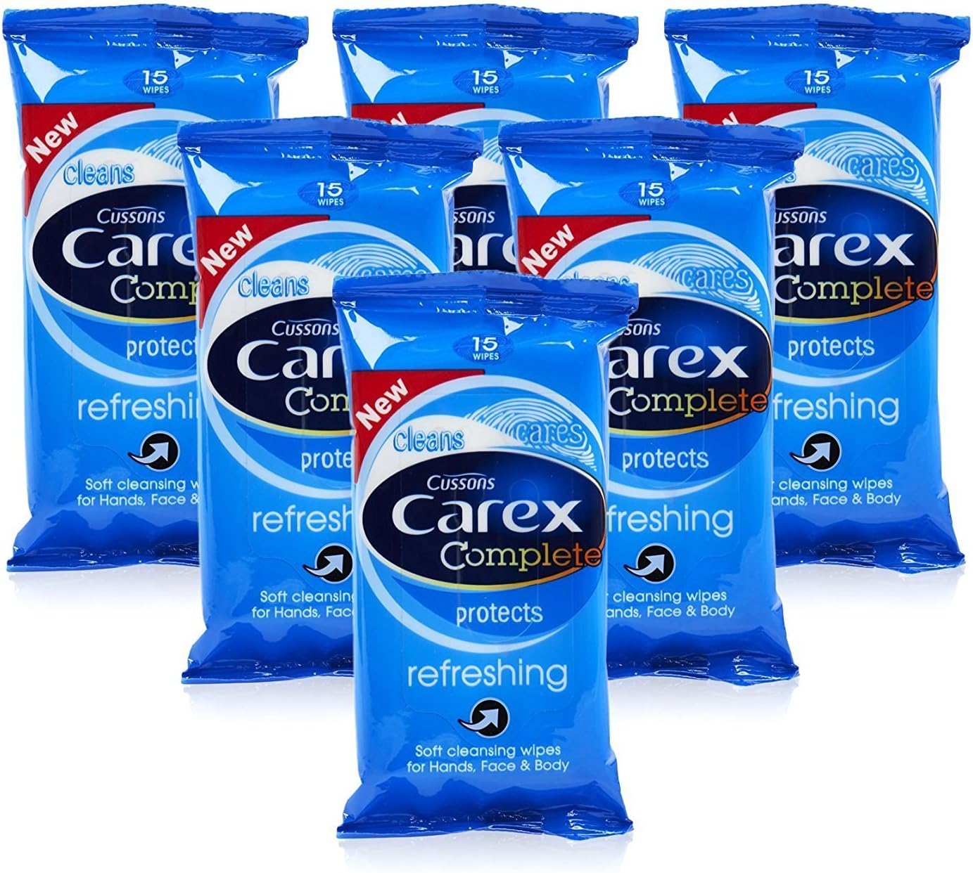 6x Cussons CAREX Refreshing Cleansing WIPES Hand Face & Body 15's Pocket Travel