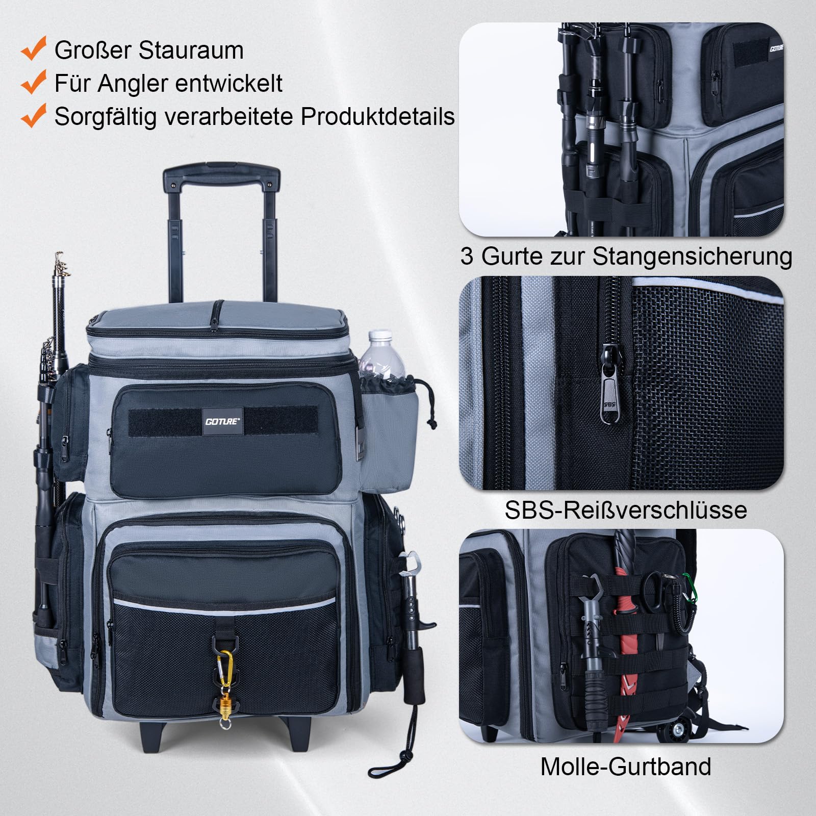 Goture Angelrucksack 66L wasserdicht doppelstöckig mit Isolierfach | 2-Wege-Tragesystem (Rollen & Schultergurt), Regenschutz, Fachaufteilung für Angelzubehör, ideal für lange Angeltouren