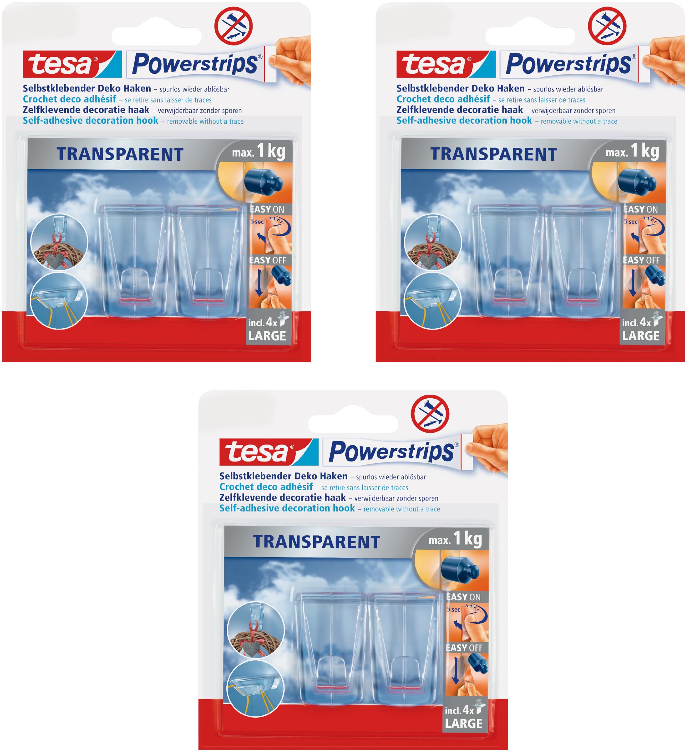 tesa Klebehaken für transparente Oberflächen und Glas (1 kg) - Durchsichtige, selbstklebende Haken - Bis zu 1 kg Halteleistung pro Haken (3 Packungen)