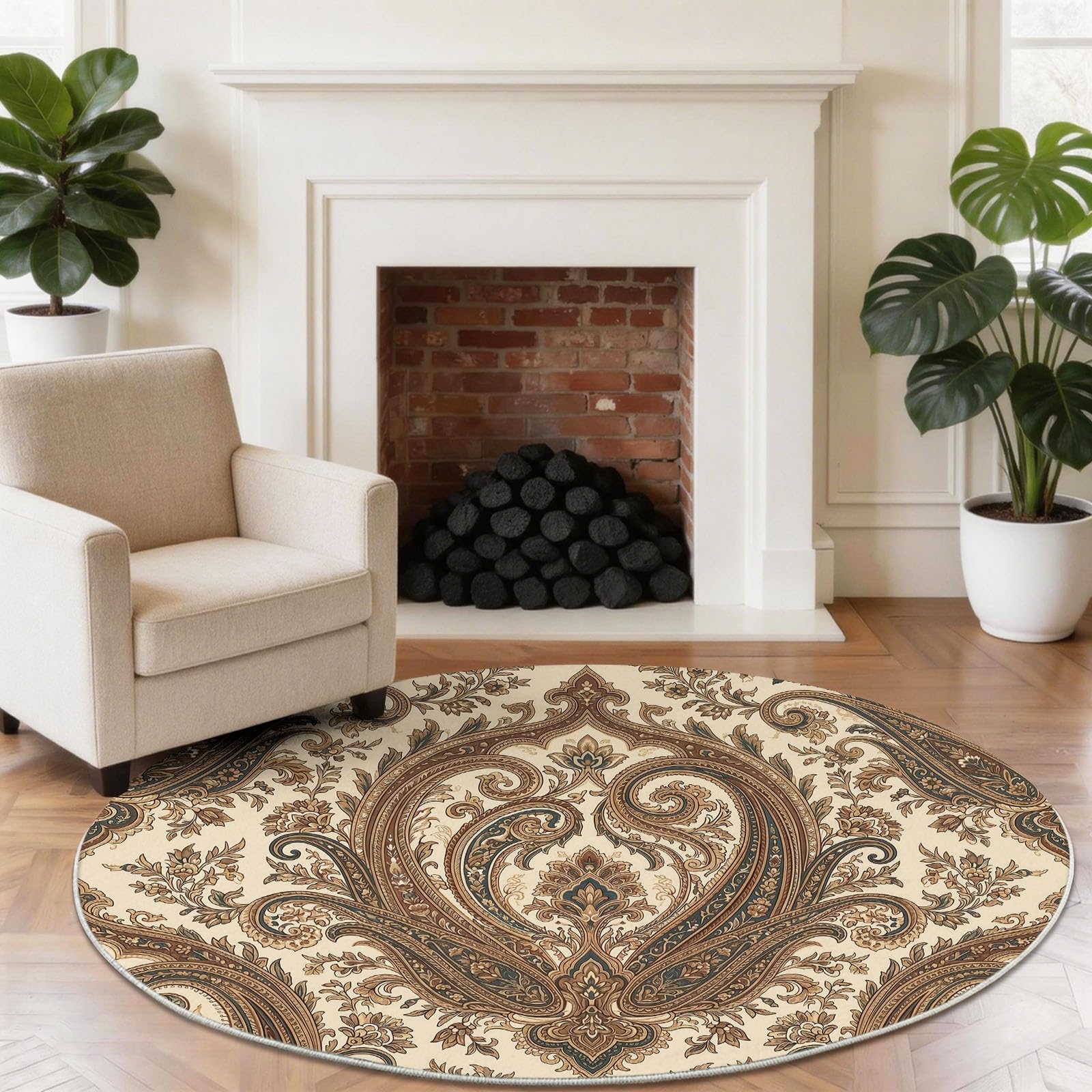 Tappeto rotondo antiscivolo da 160 cm, classico motivo floreale con foglie, tappeto rotondo per sotto il tavolo, beige, morbido, a pelo basso, vintage, etnico, per soggiorno, camera da letto, sala da