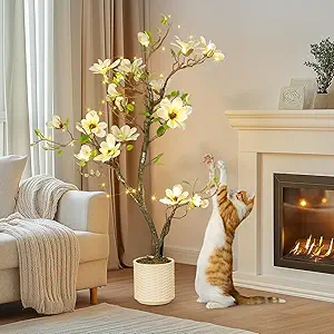 4FT Faux Magnolia Plant Artificial Flower Trees Fake Plants for Yard Patio Home Office Arrangement Decor Artificial Magnolia Tree Inc. 66 Realistic Flowers Vivid Leaves Mosses Lighting White Pot