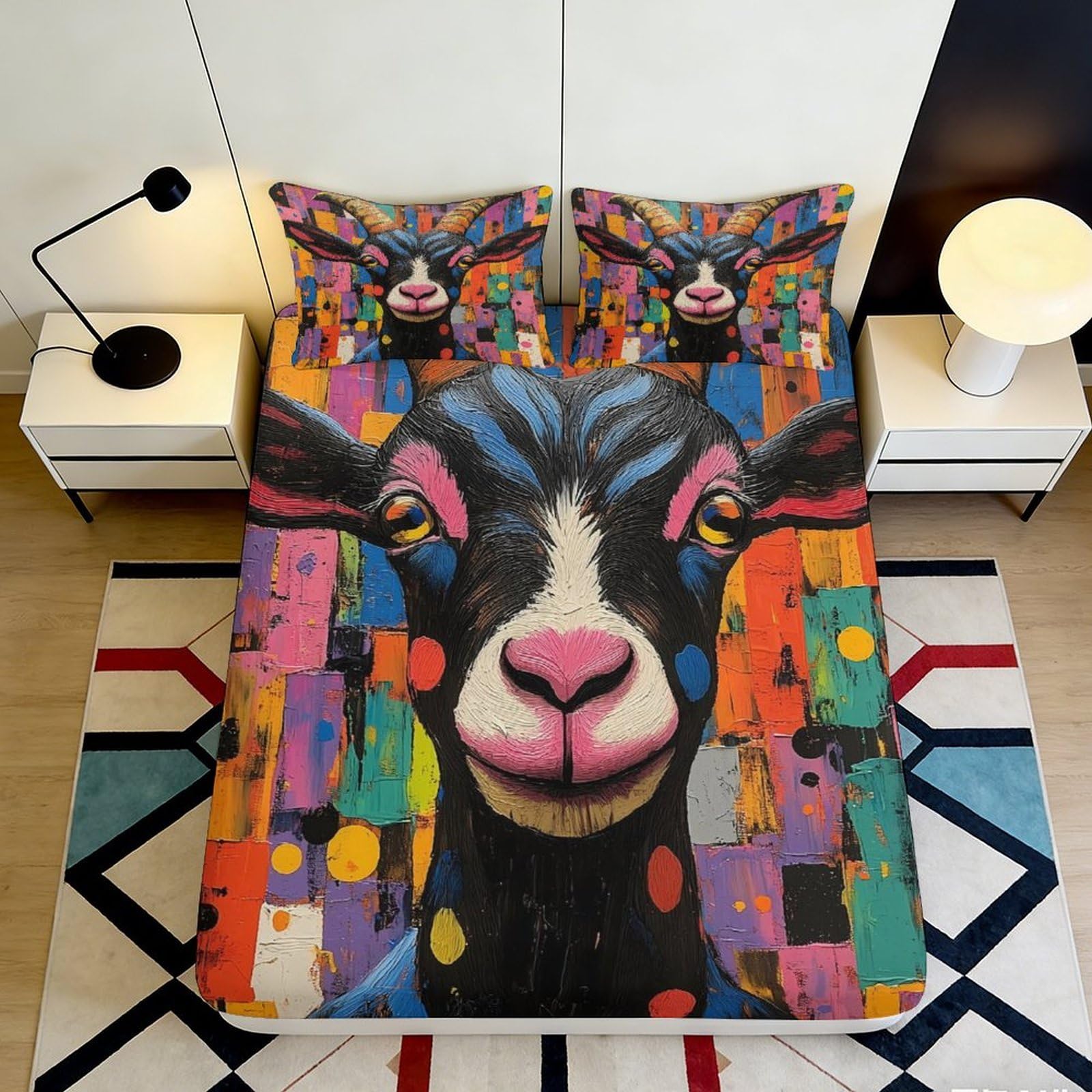 3D Printed Colorful Goat Fitted Sheet Microfiber Soft Breathable Abstract Animal Mattress Cover for Bedroom Guest Room Decor 120x200x25cm