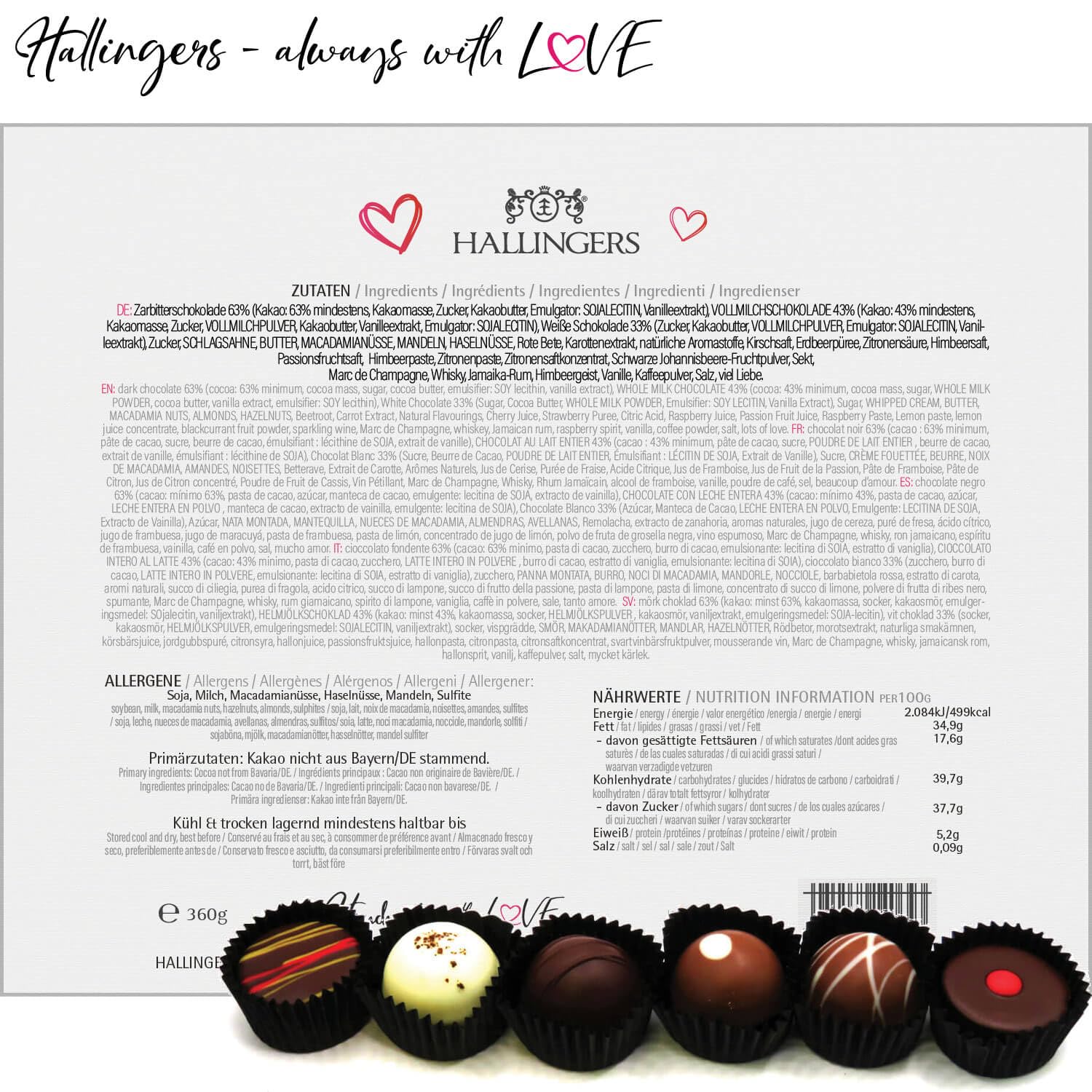 Hallingers Genuss Manufaktur Pralinen Valentinstagsgeschenk - mit & ohne Alkohol, handmade aus Confiserie-Edelkakao in wertiger XXL-Geschenkbox "Love Black", Valentintstag für Frauen Männer