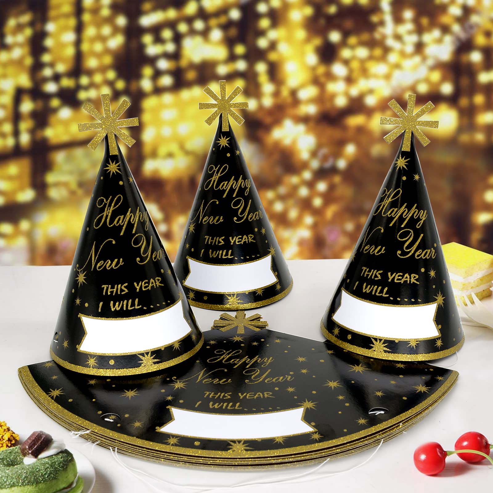 KALEFO 12PCS New Years Eve Party Supplies 2026 Gold Glitter Happy New Year's Eve Party Favor Cone Hats for Count Down Party