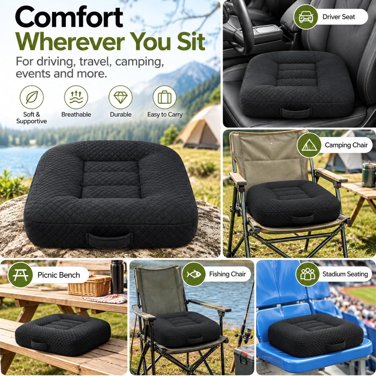 NLQR 4.7 Inch Height Booster Car Seat Cushion | Adjustable PP Cotton | Breathable Mesh Cover | Non-Slip Bottom | Washable | for Car Truck SUV Office Chair Wheelchair | Driving Posture Cushion, Black