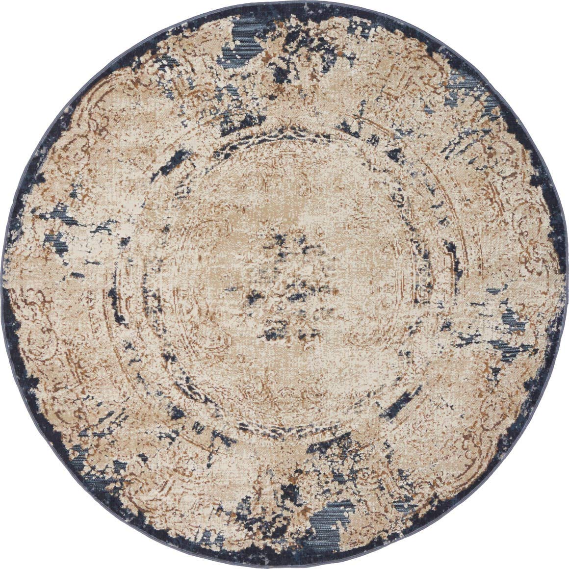 Unique Loom Chateau Collection Rustic, Vintage, Medallion, Textured, Distressed, Traditional Area Rug, 4 ft x 4 ft, Beige/Navy Blue