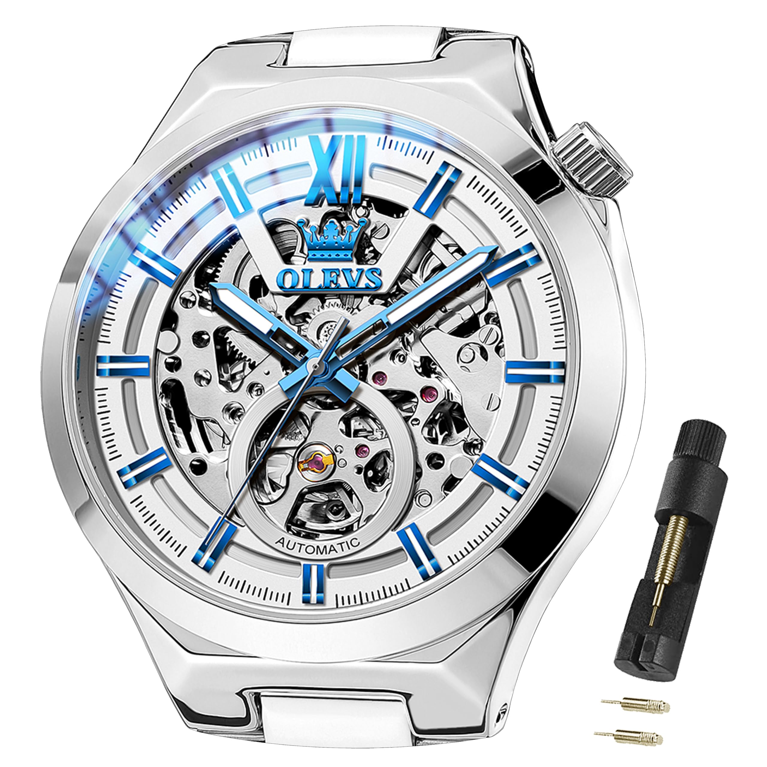 OLEVS Herren-Skelett-Uhren, automatisch, selbstaufziehend, mechanisch, Designer-Luxuskleid, Edelstahl, wasserdicht, Original-Armbanduhr für Herren