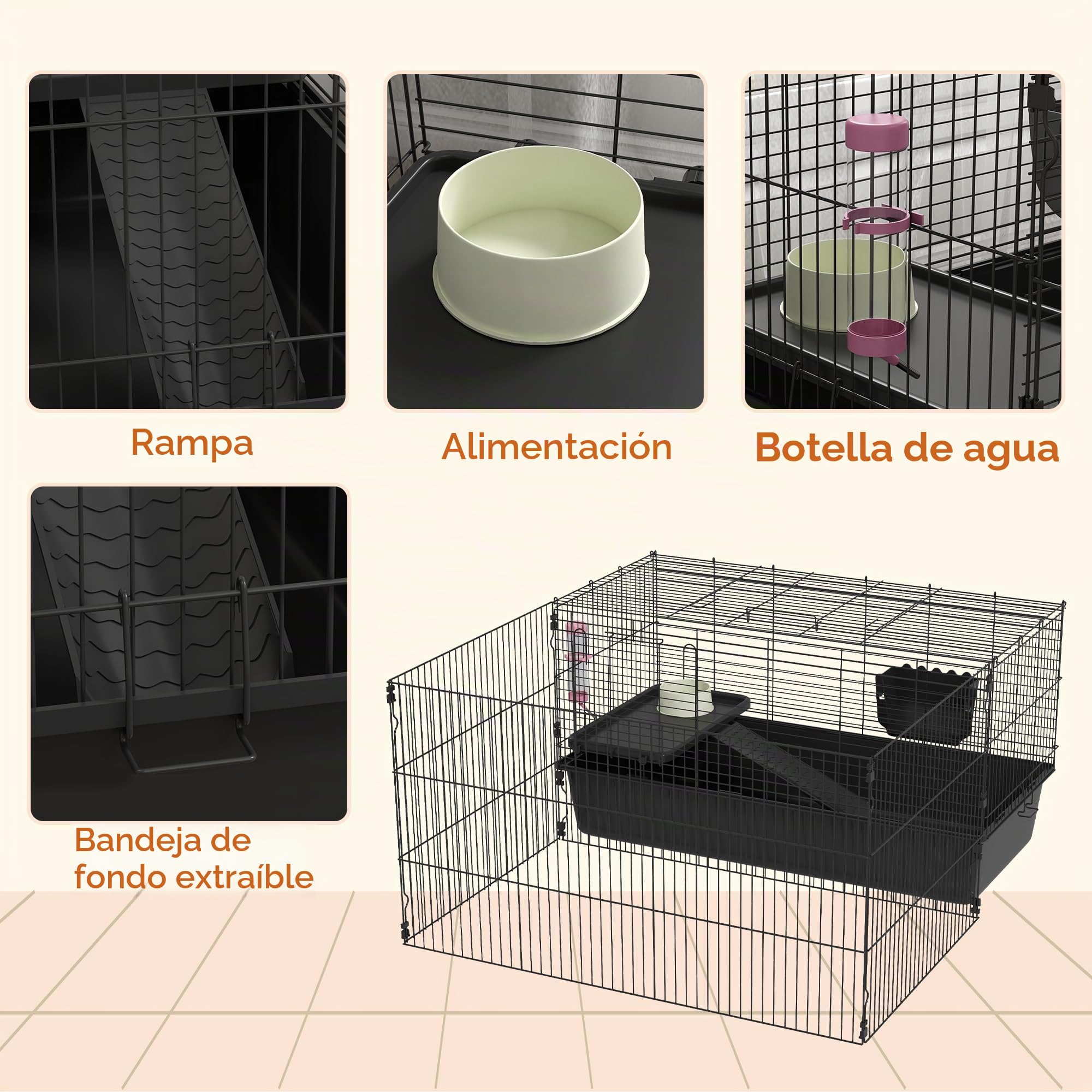 PawHut 99 cm Jaula para Animales pequeños con corralito, Jaula para Animales pequeños con Bebedero, comedero, Jaula para roedores con comedero, Jaula para cobayas para Animales pequeños Acero Negro | Jaula para roedores con botella de agua, comedero, come