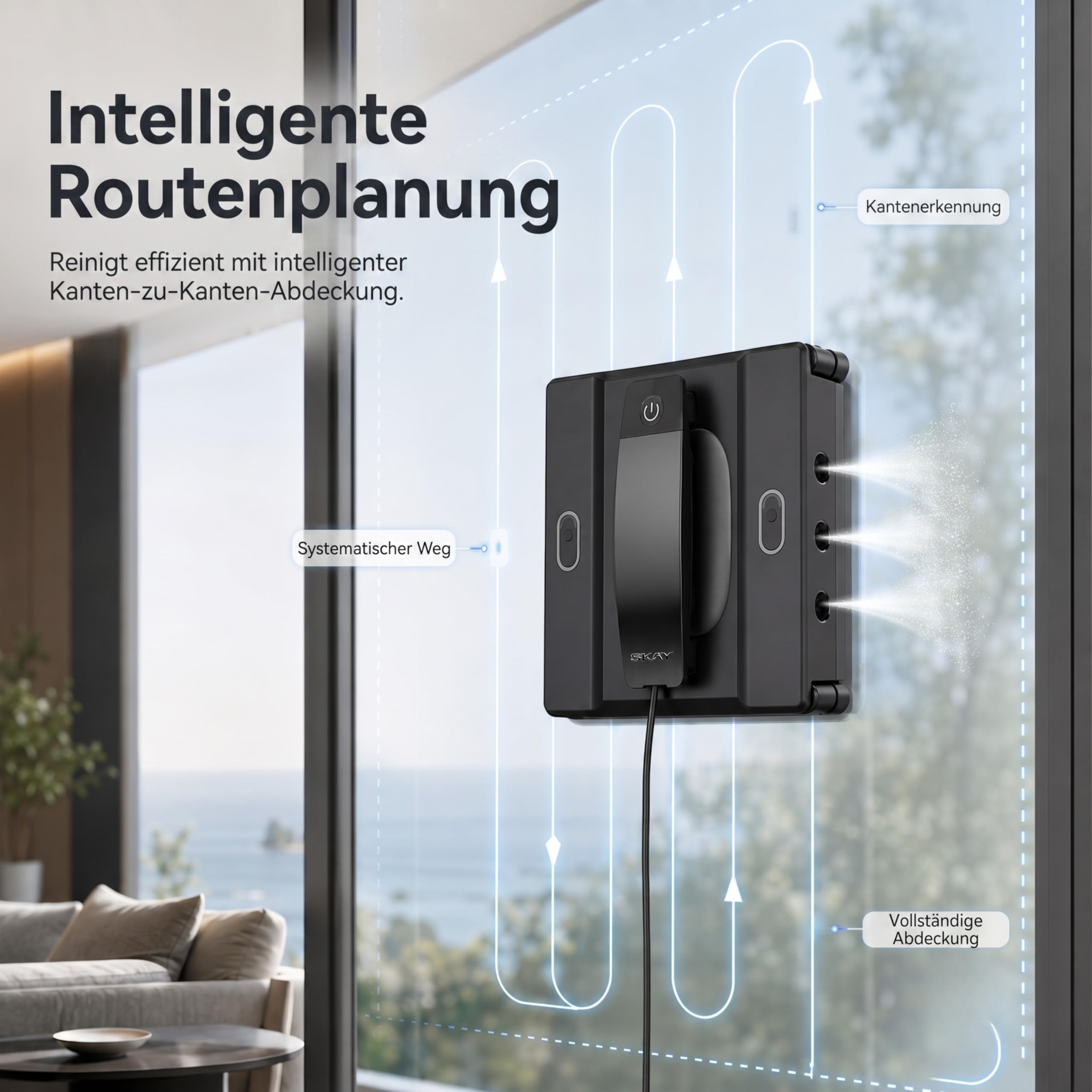 SKAY M82-KI Fensterputzroboter, KI-Navigation, Automatischer Fensterreiniger mit 6-Düsen Sprühsystem & Doppeltank 100ml, App & Fernsteuerung, 4 Reinigungsmodi, <60dB Leise, für Fenster Spiegel Fliesen